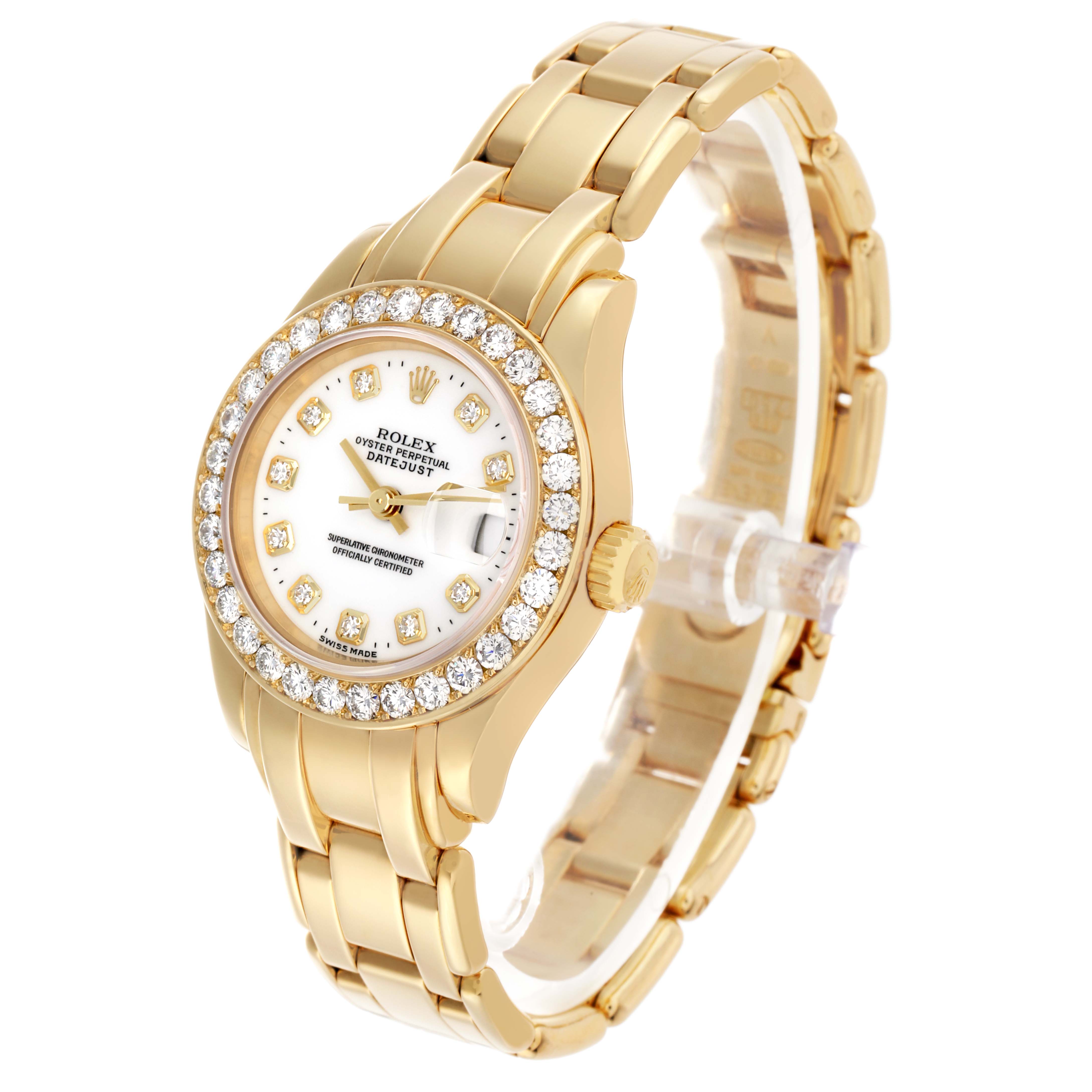 The Rolex Pearlmaster 69298 Women's Yellow Gold White Dial watch is shown at a three-quarter angle, highlighting the diamond bezel, dial, and gold bracelet.