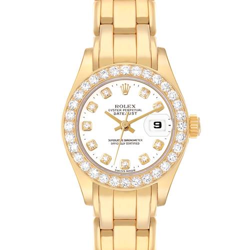 The Rolex Pearlmaster 69298 Women's Yellow Gold White Dial watch is shown from a front view, highlighting its diamond bezel, dial, and bracelet.