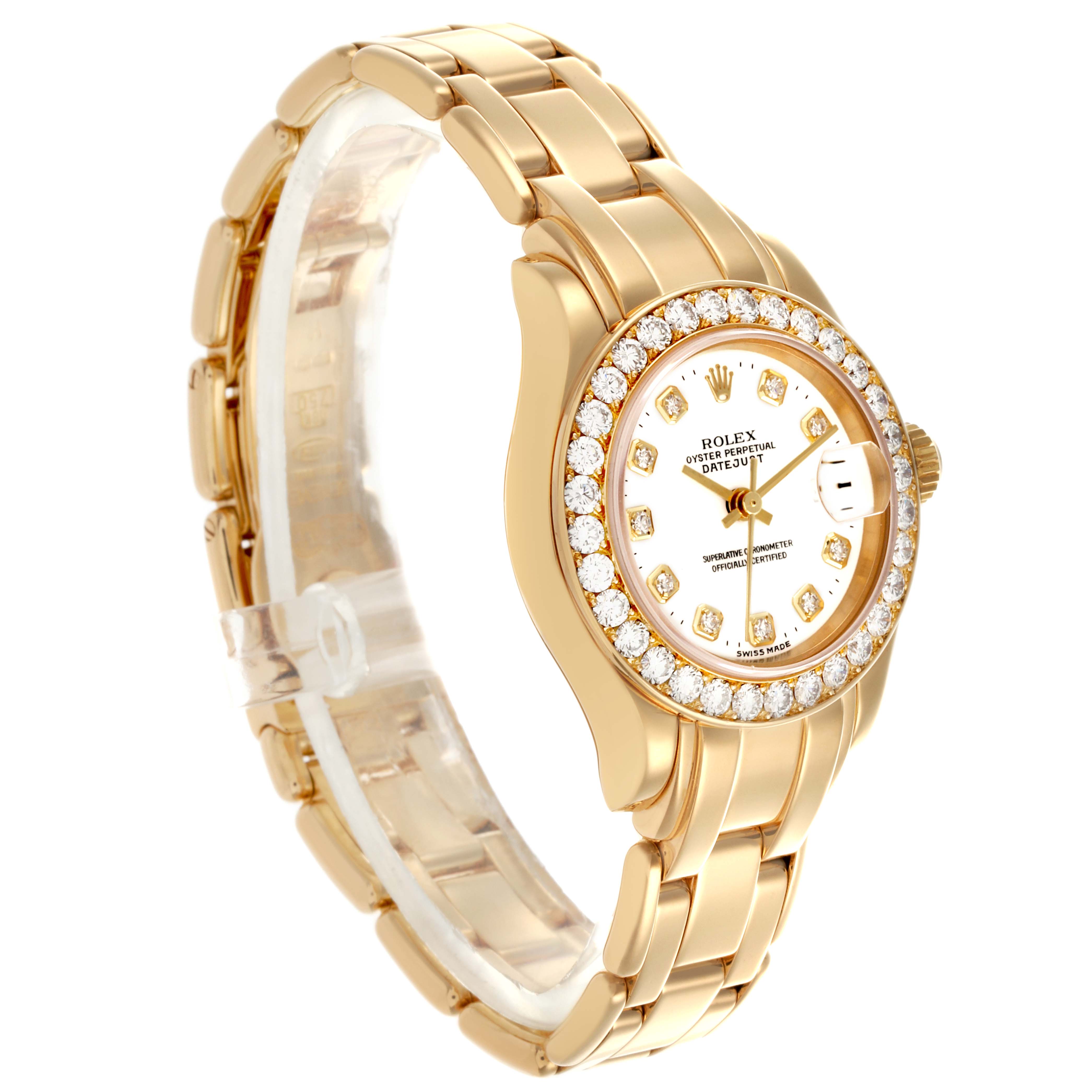 The Rolex Pearlmaster 69298 Women's Yellow Gold White Dial 69298 Women's Yellow Gold White Dial watch is shown at a three-quarter angle, highlighting the face, bezel, and part of the bracelet.