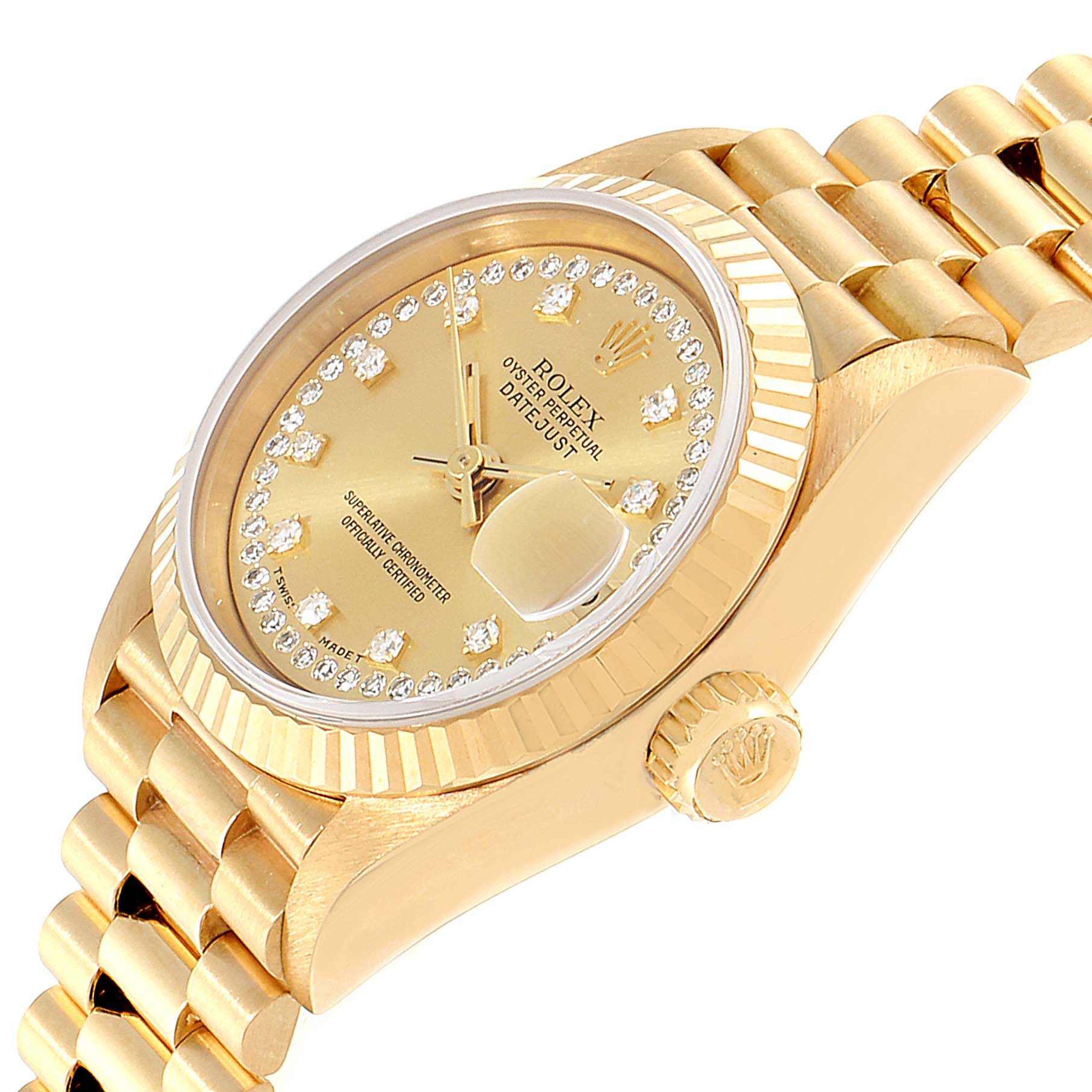 This angled view of the Rolex President 69178 Women's Yellow Gold Champagne Dial 69178 Women's Yellow Gold Champagne Dial model watch showcases the dial, crown, and part of the bracelet.