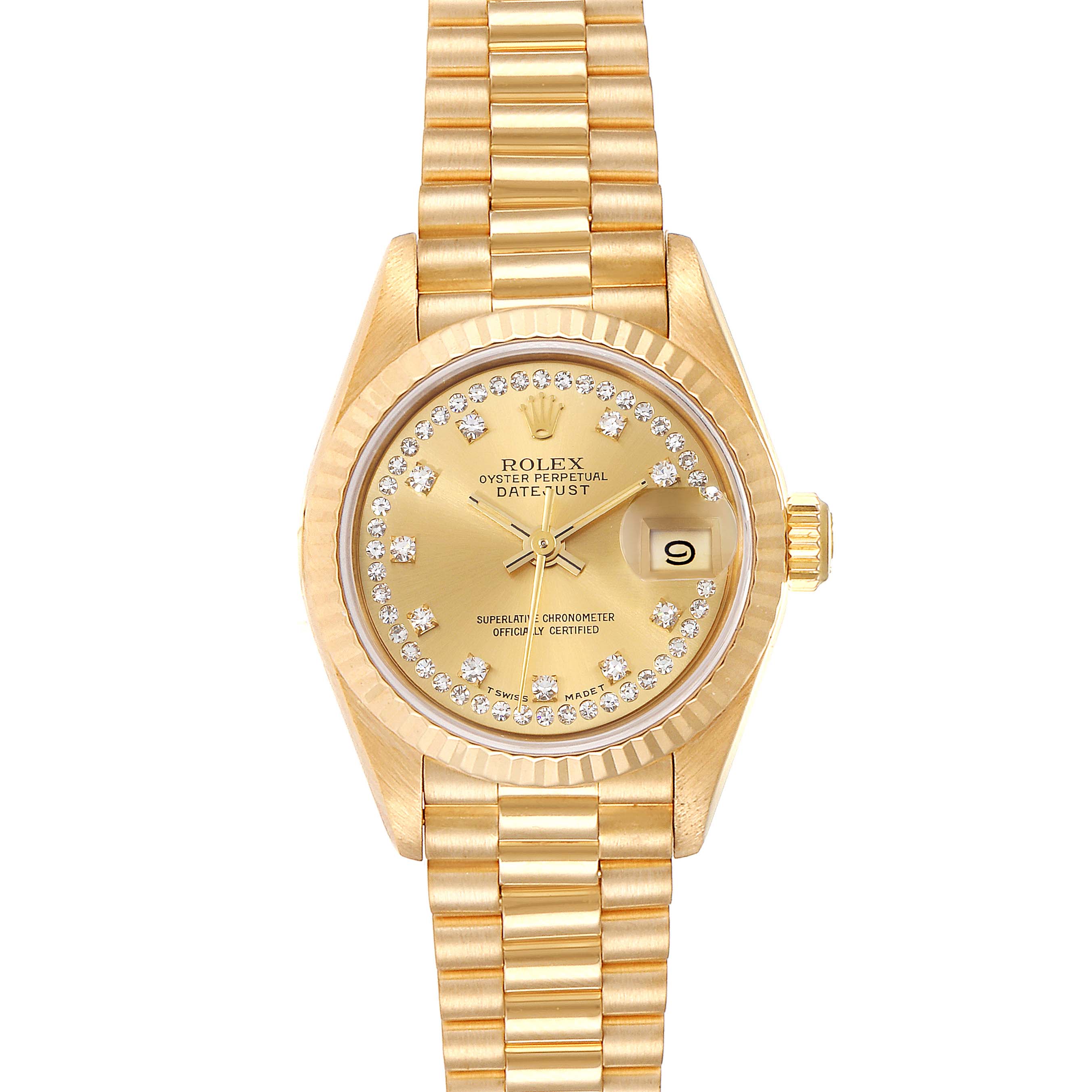 The image shows a gold Rolex President 69178 Women's Yellow Gold Champagne Dial 69178 Women's Yellow Gold Champagne Dial model watch from a top-down angle, highlighting the dial, bezel, and bracelet.