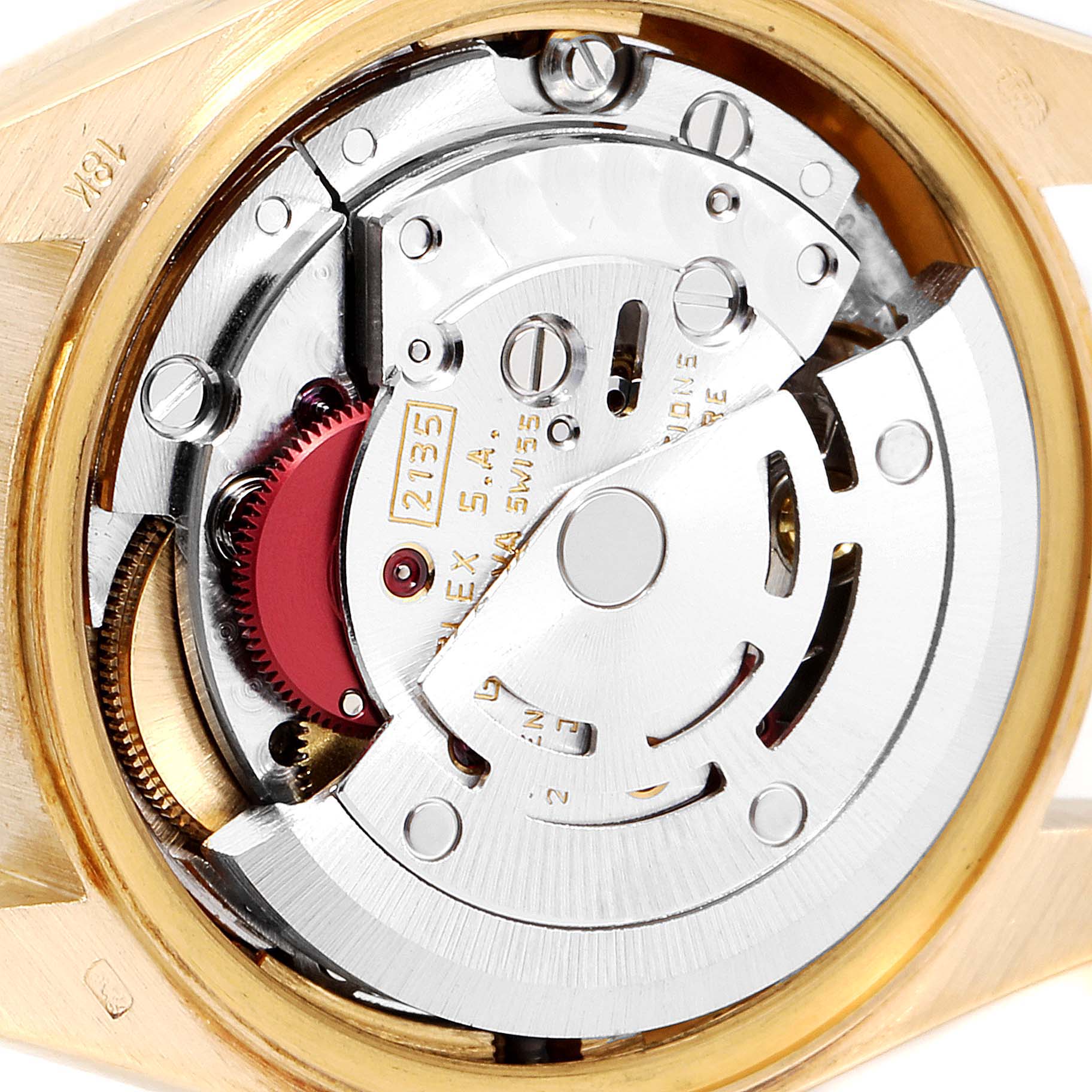 This image shows the movement mechanism of a Rolex President 69178 Women's Yellow Gold Champagne Dial 69178 Women's Yellow Gold Champagne Dial model watch, viewed from the back.