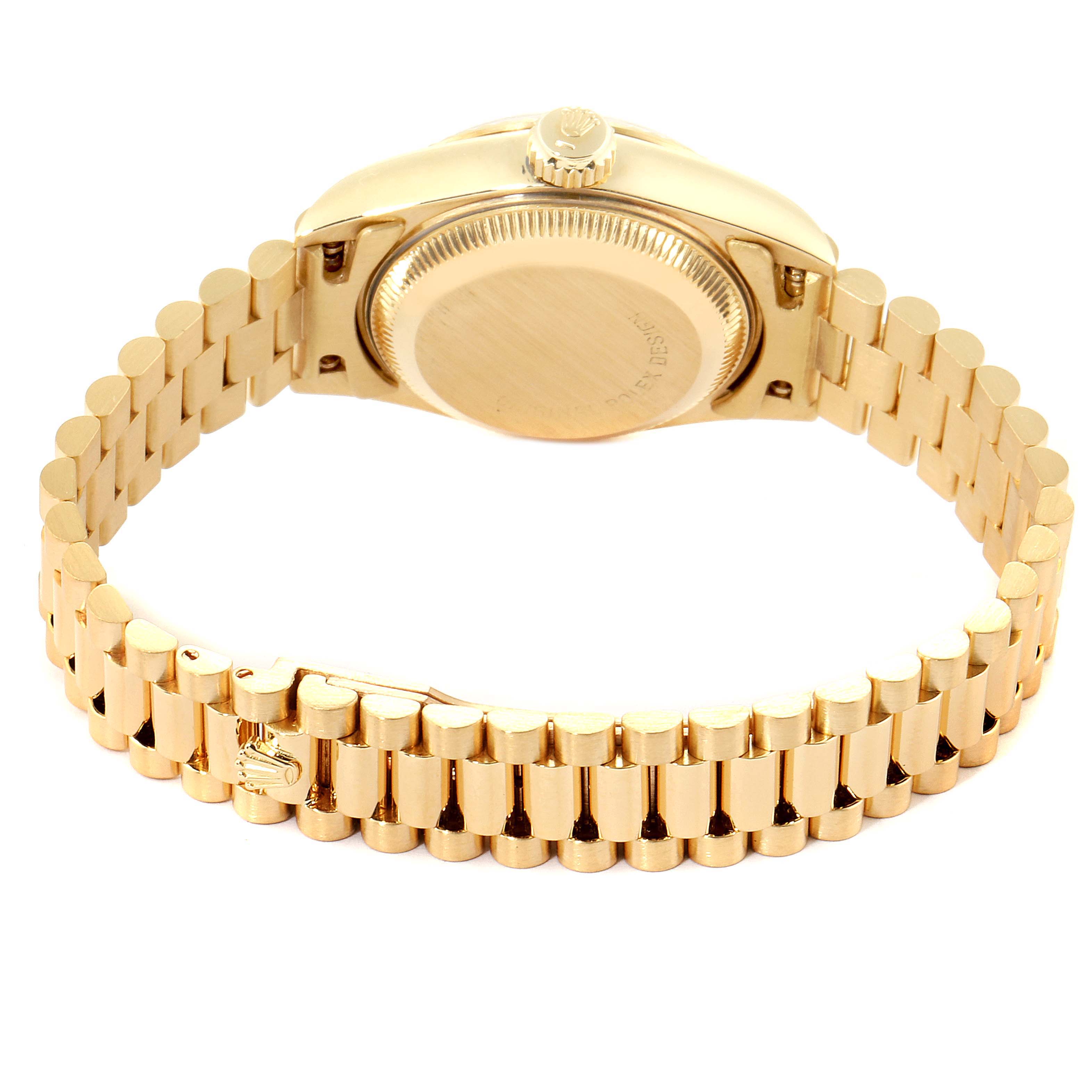 The image shows the back case and bracelet of a Rolex President 69178 Women's Yellow Gold Champagne Dial 69178 Women's Yellow Gold Champagne Dial model watch in a gold finish.