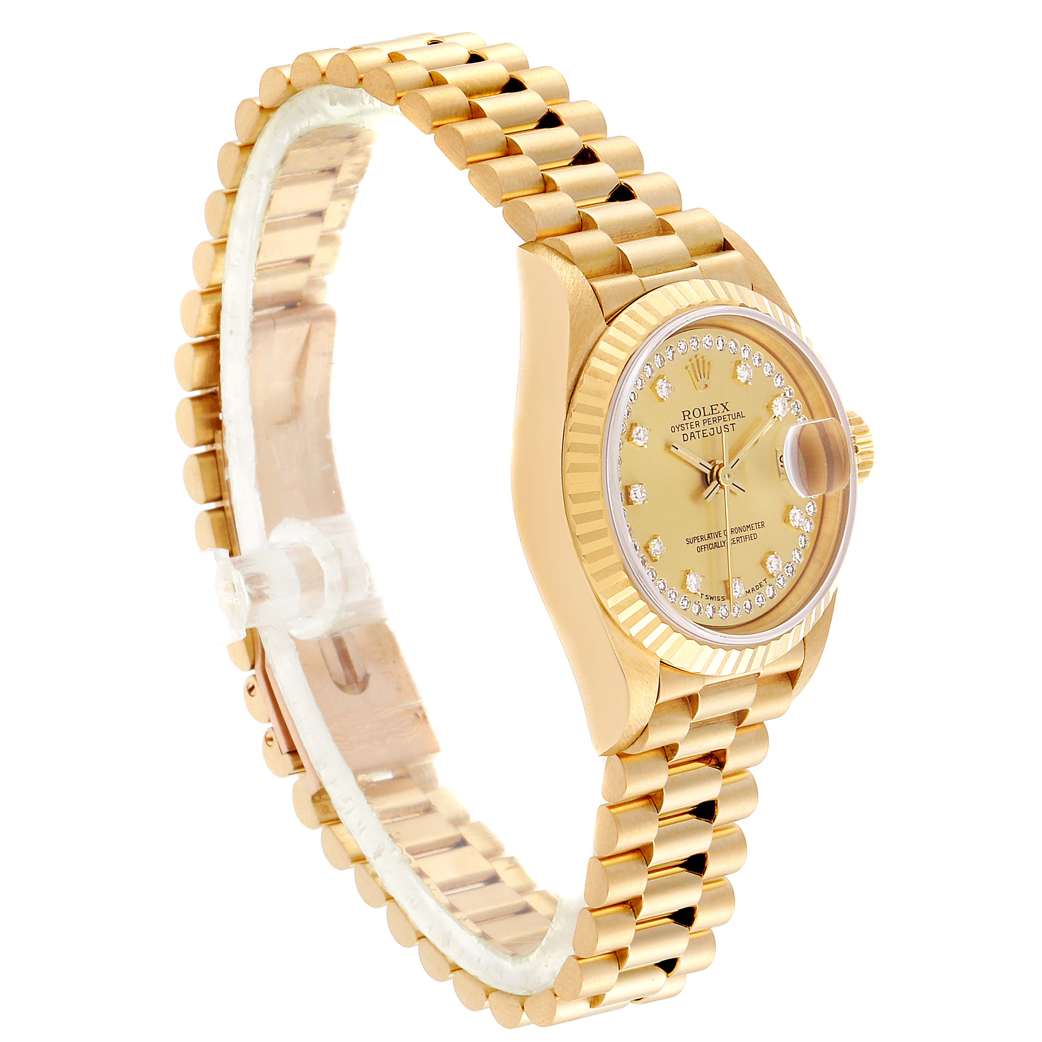 The Rolex President 69178 Women's Yellow Gold Champagne Dial 69178 Women's Yellow Gold Champagne Dial model watch is shown at a 3/4 angle, displaying the bracelet, bezel, dial, and crown.
