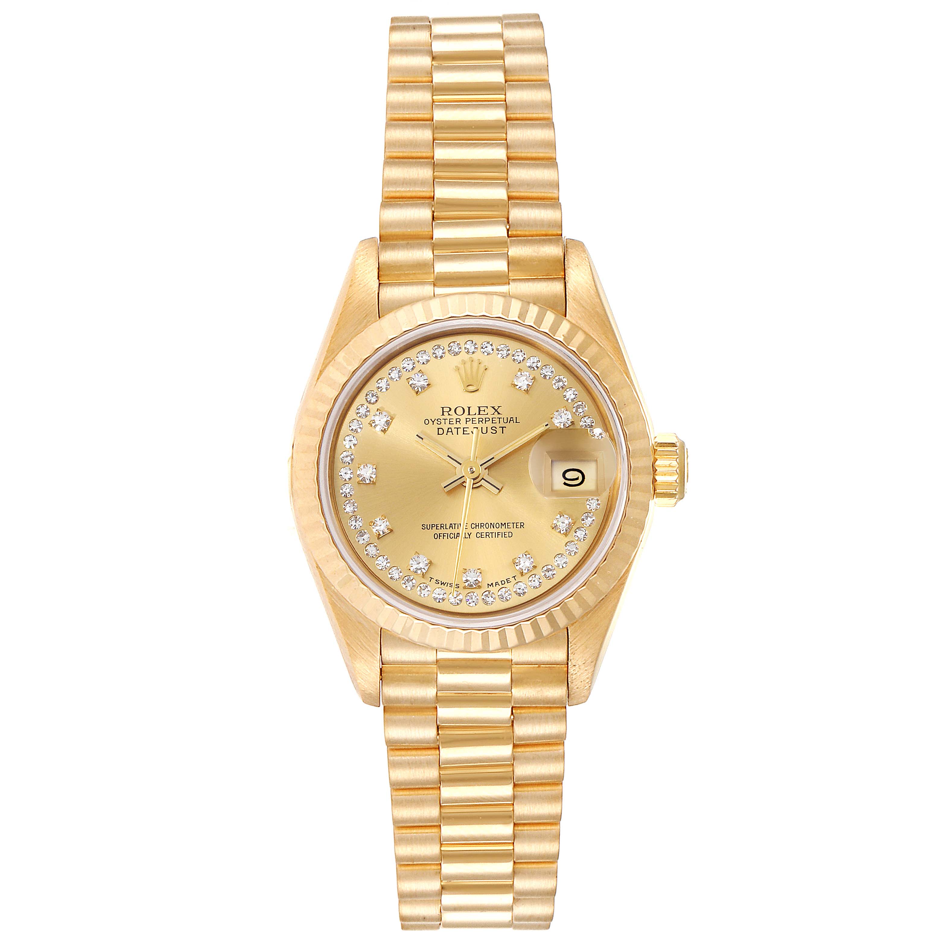 The image shows a front view of a Rolex President 69178 Women's Yellow Gold Champagne Dial 69178 Women's Yellow Gold Champagne Dial model watch, highlighting its gold bracelet, dial, hands, date window, and diamond bezel.
