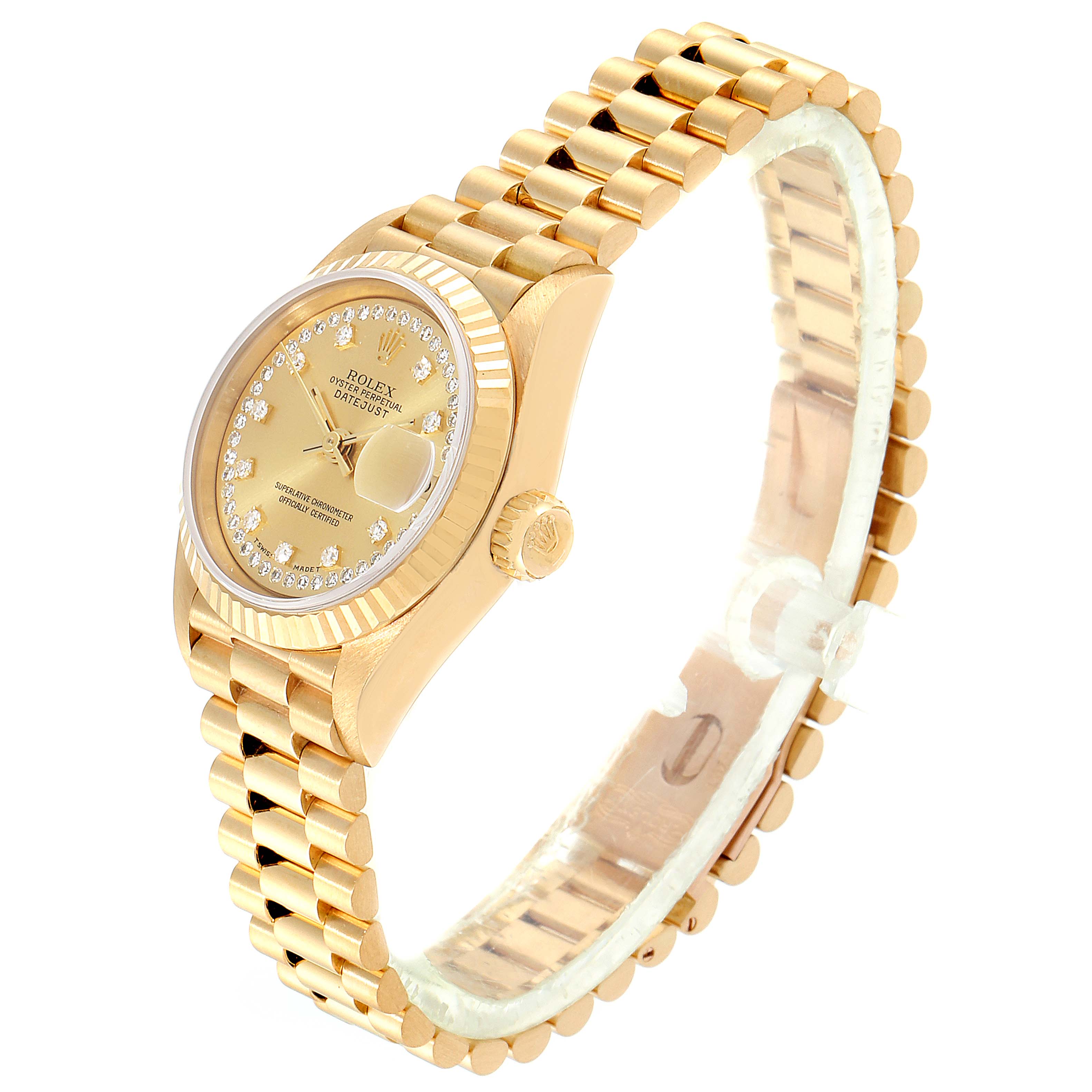 The image shows a side and front angle of the Rolex President 69178 Women's Yellow Gold Champagne Dial 69178 Women's Yellow Gold Champagne Dial model watch, highlighting the dial, bezel, crown, and bracelet.