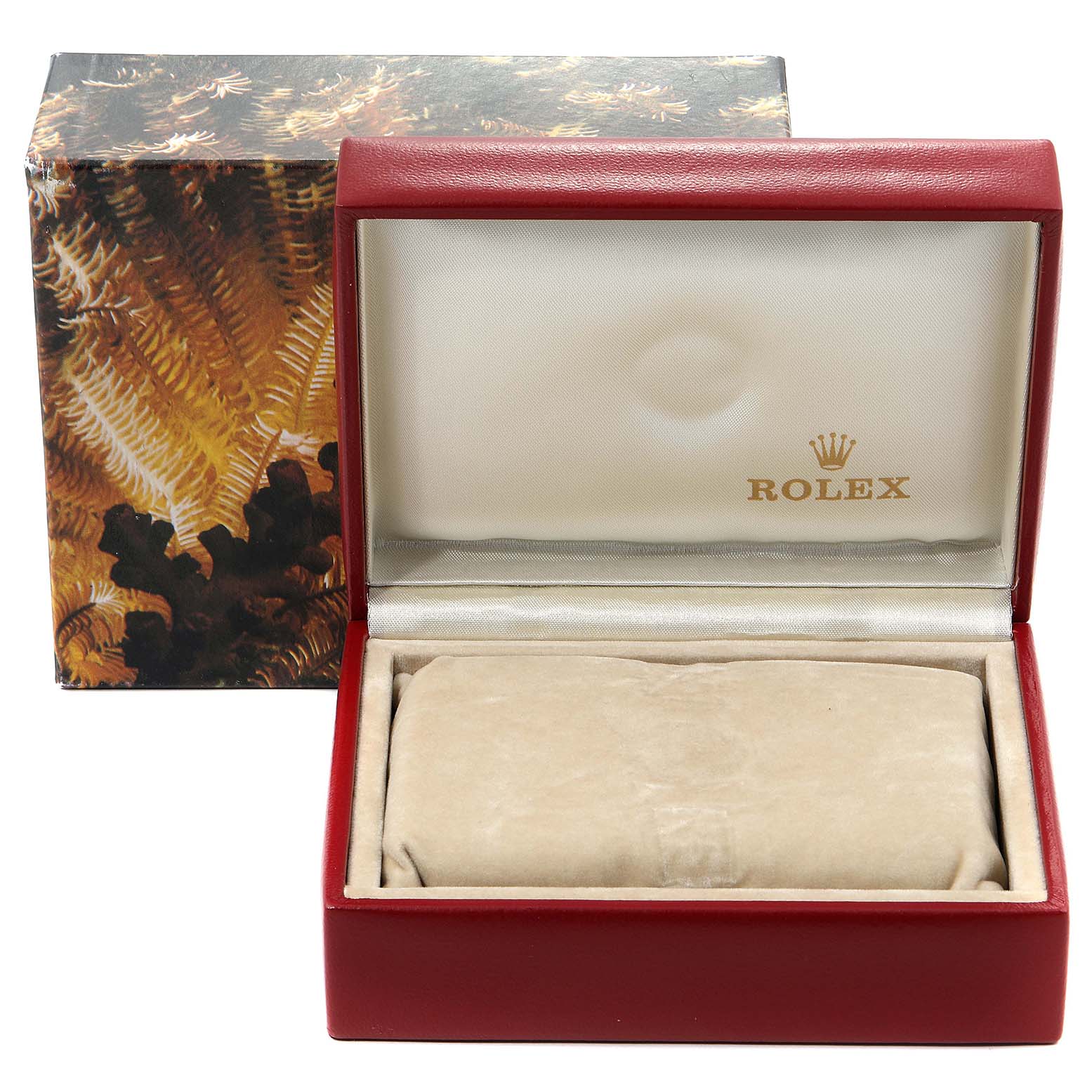 This image shows a Rolex President 69178 Women's Yellow Gold Champagne Dial 69178 Women's Yellow Gold Champagne Dial model watch box, open to display the cushion inside with the Rolex logo on the lid.
