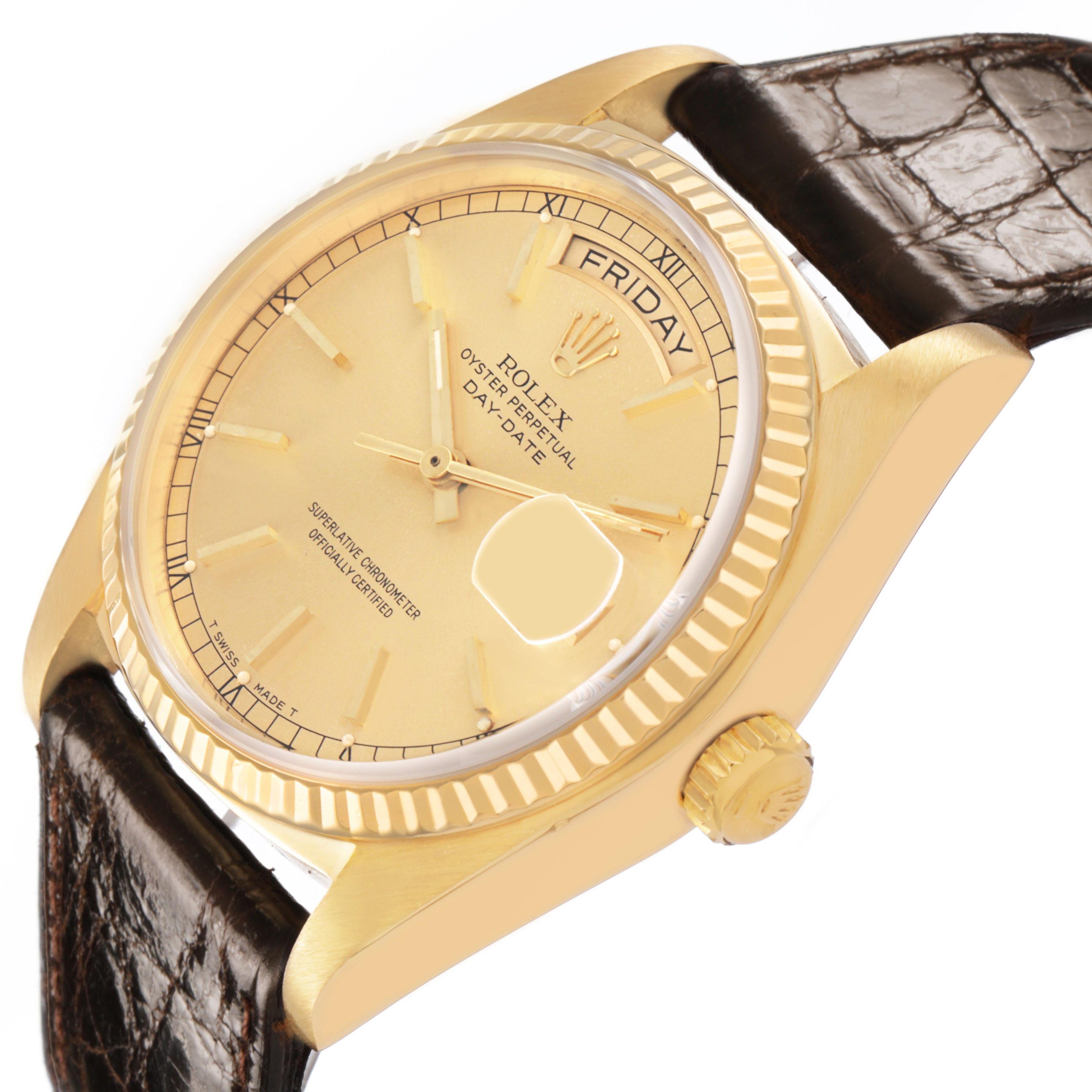 The Rolex President 18038 Men's Yellow Gold Champagne Dial model watch is shown from a front side angle, displaying the face, bezel, crown, and part of the leather strap.
