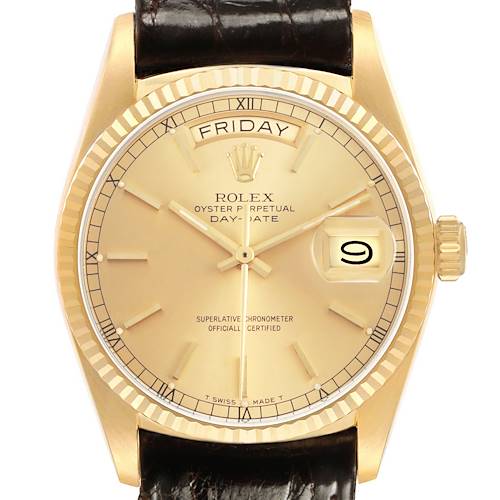 The Rolex President 18038 Men's Yellow Gold Champagne Dial watch is shown from a straight-on angle, displaying the dial, bezel, day, and date features.
