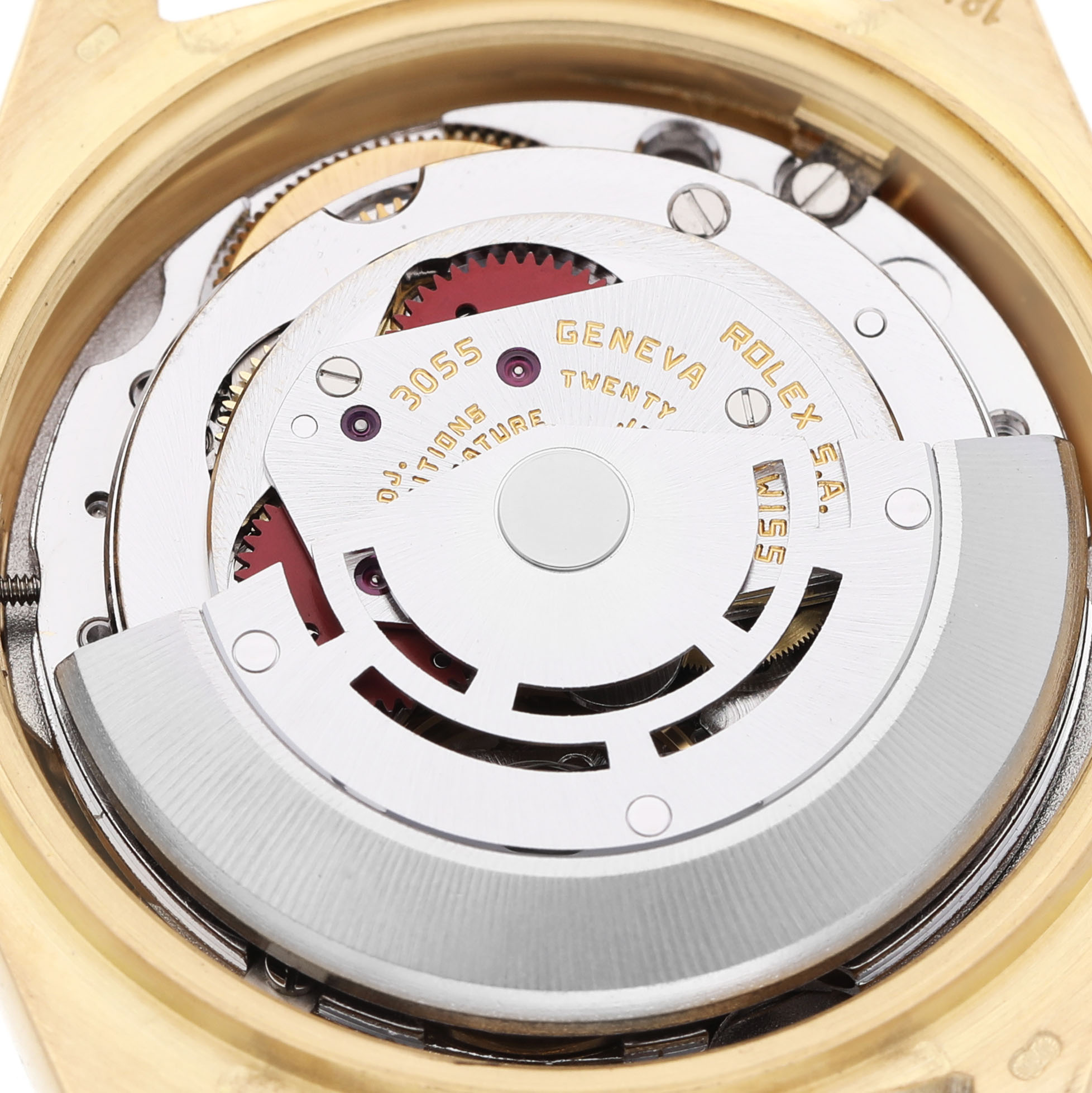 The image shows the movement mechanism of a Rolex President 18038 Men's Yellow Gold Champagne Dial model watch from a top-down angle.