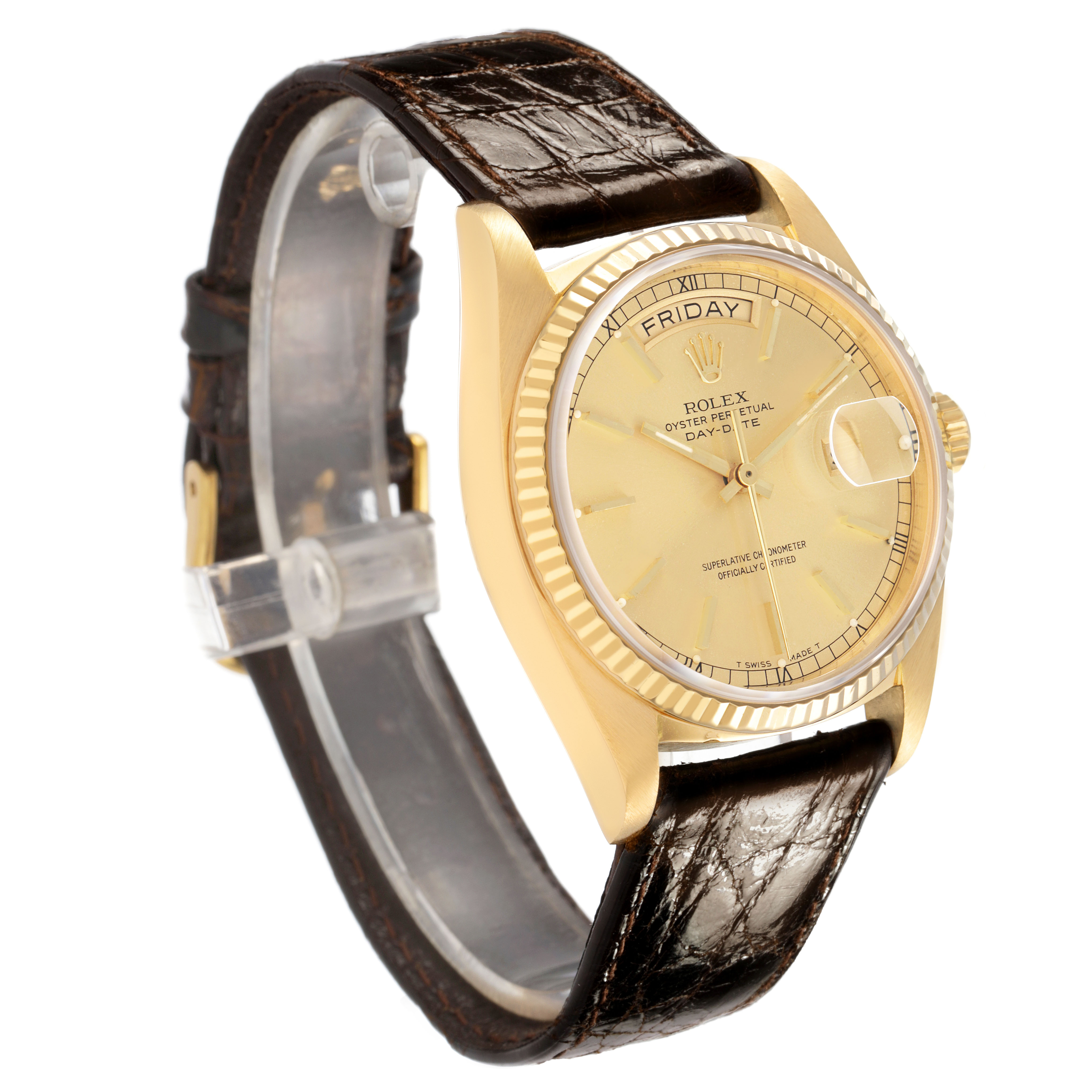 The Rolex President 18038 Men's Yellow Gold Champagne Dial watch is shown at a slight angle, displaying the face, bezel, and leather strap.