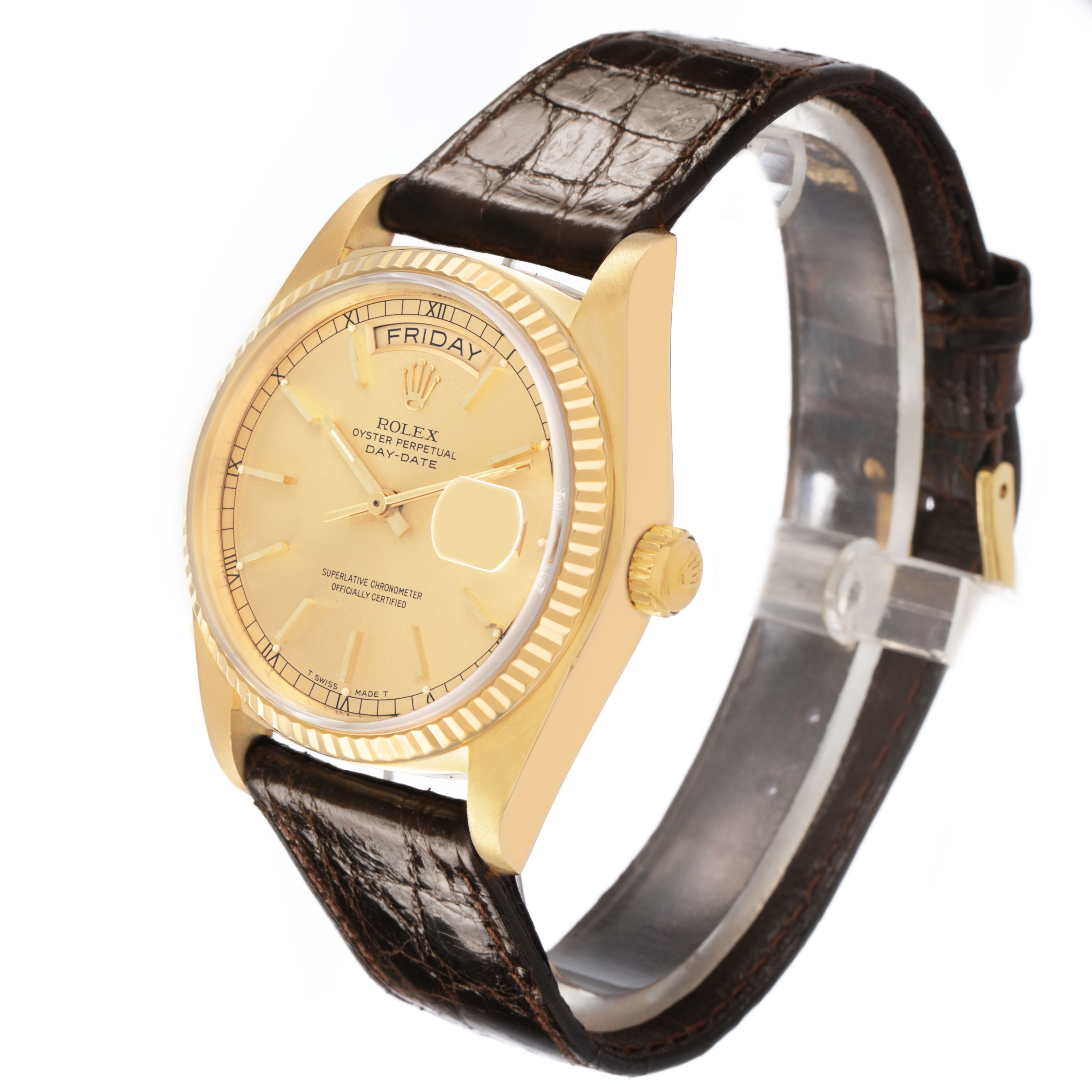 The Rolex President 18038 Men's Yellow Gold Champagne Dial watch is shown from a three-quarter angle, displaying the dial, bezel, crown, and leather strap.