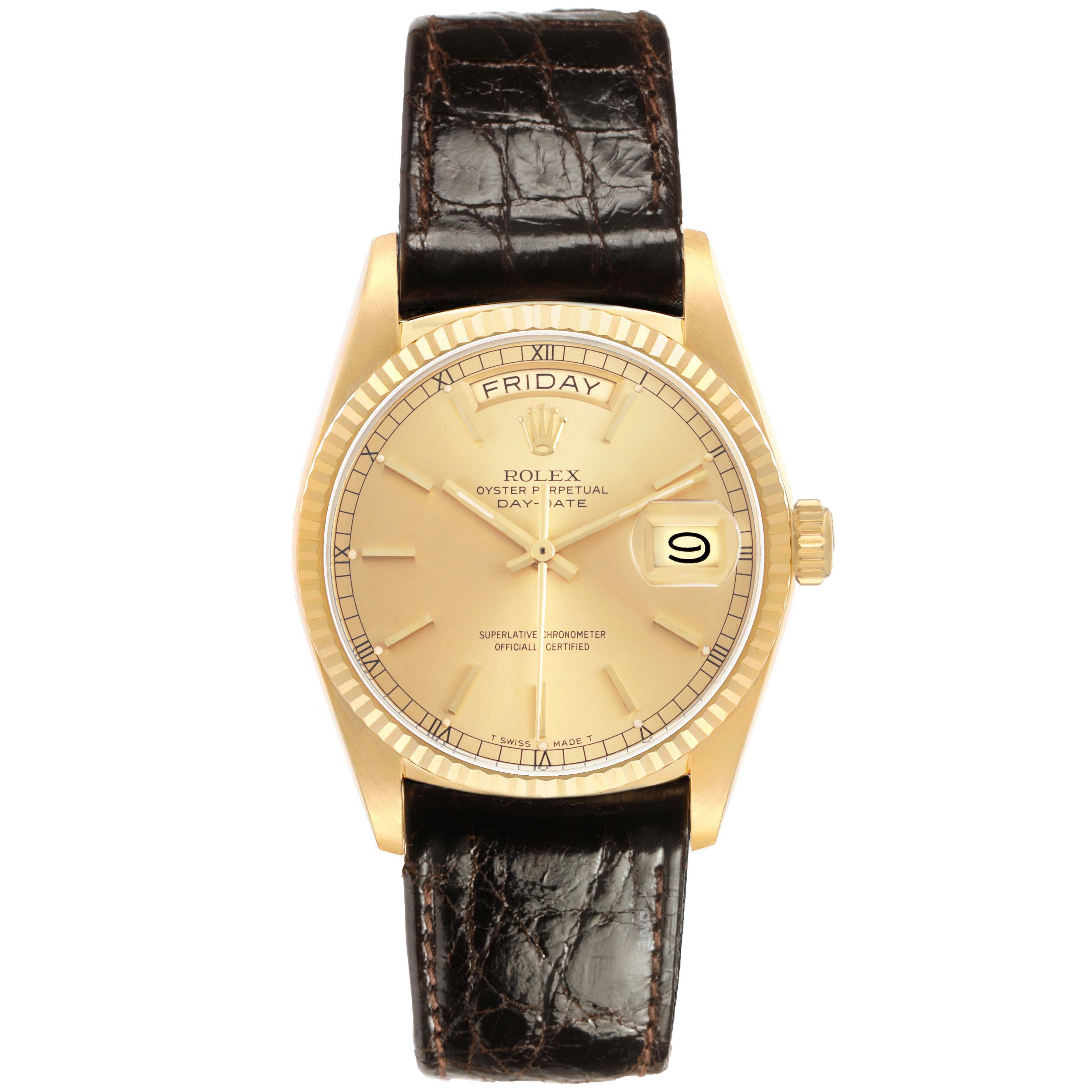 The Rolex President 18038 Men's Yellow Gold Champagne Dial model is shown from the front, featuring the dial, bezel, crown, and leather strap.