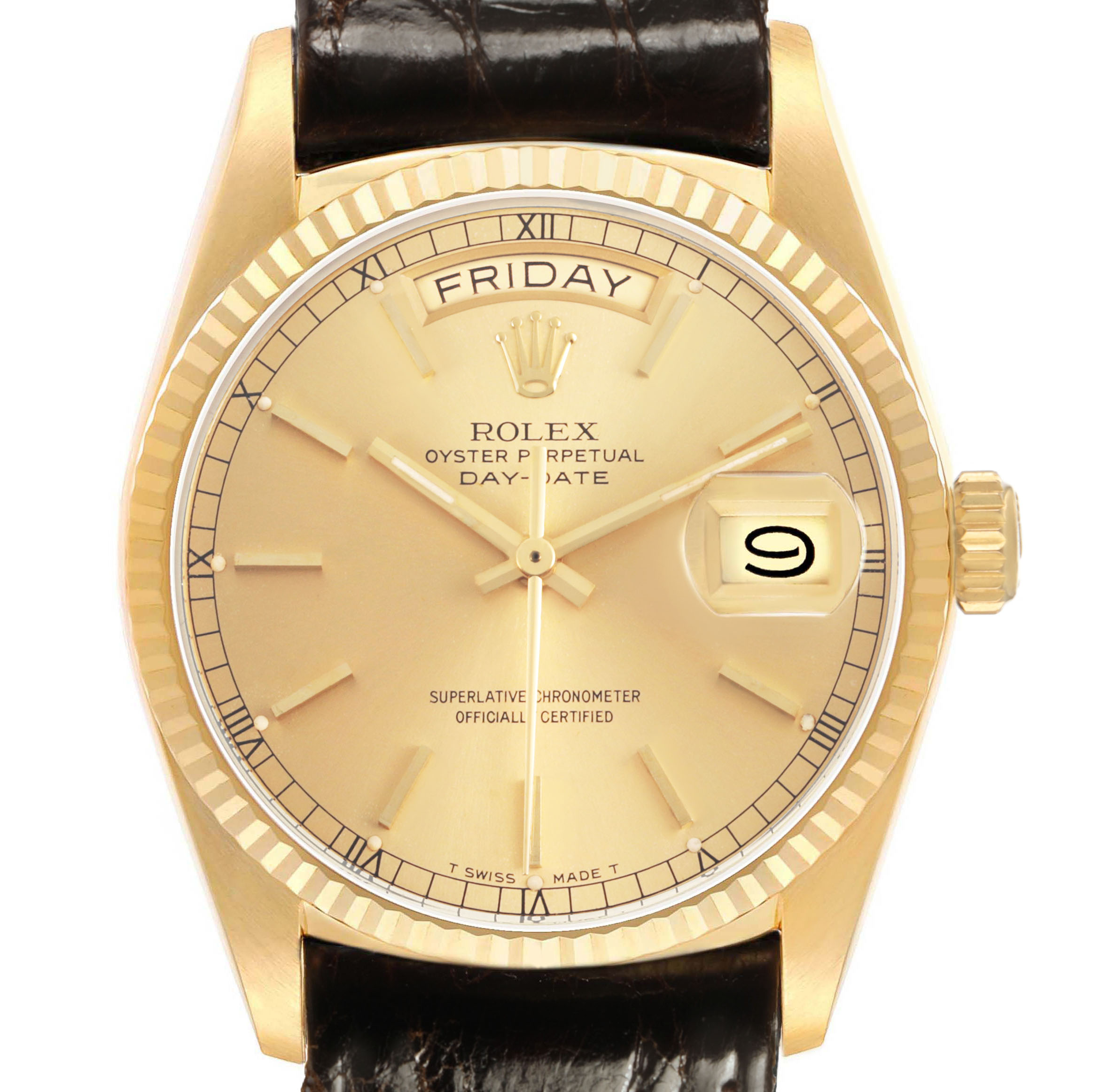 The Rolex President 18038 Men's Yellow Gold Champagne Dial model watch is shown from a front angle, highlighting the dial, hands, date, and fluted bezel.