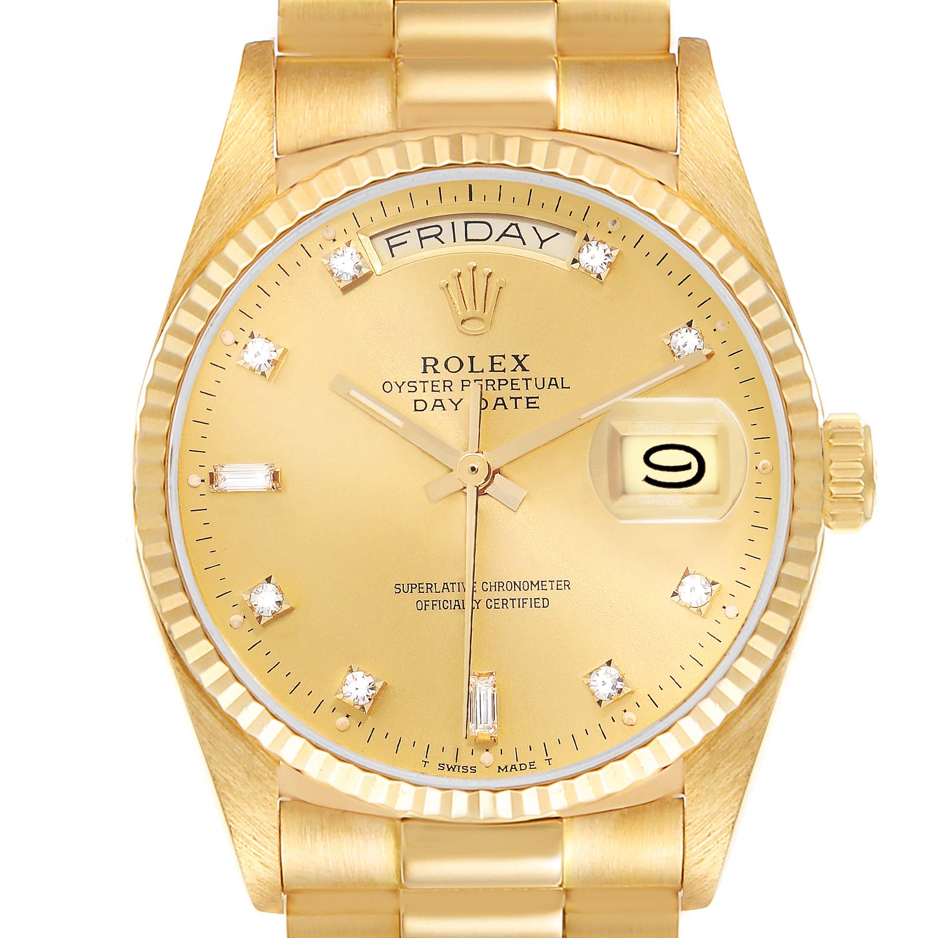 The Rolex President 18038 Men
s Yellow Gold Champagne Dial watch is shown from the front, highlighting the face, bezel, and part of the bracelet.