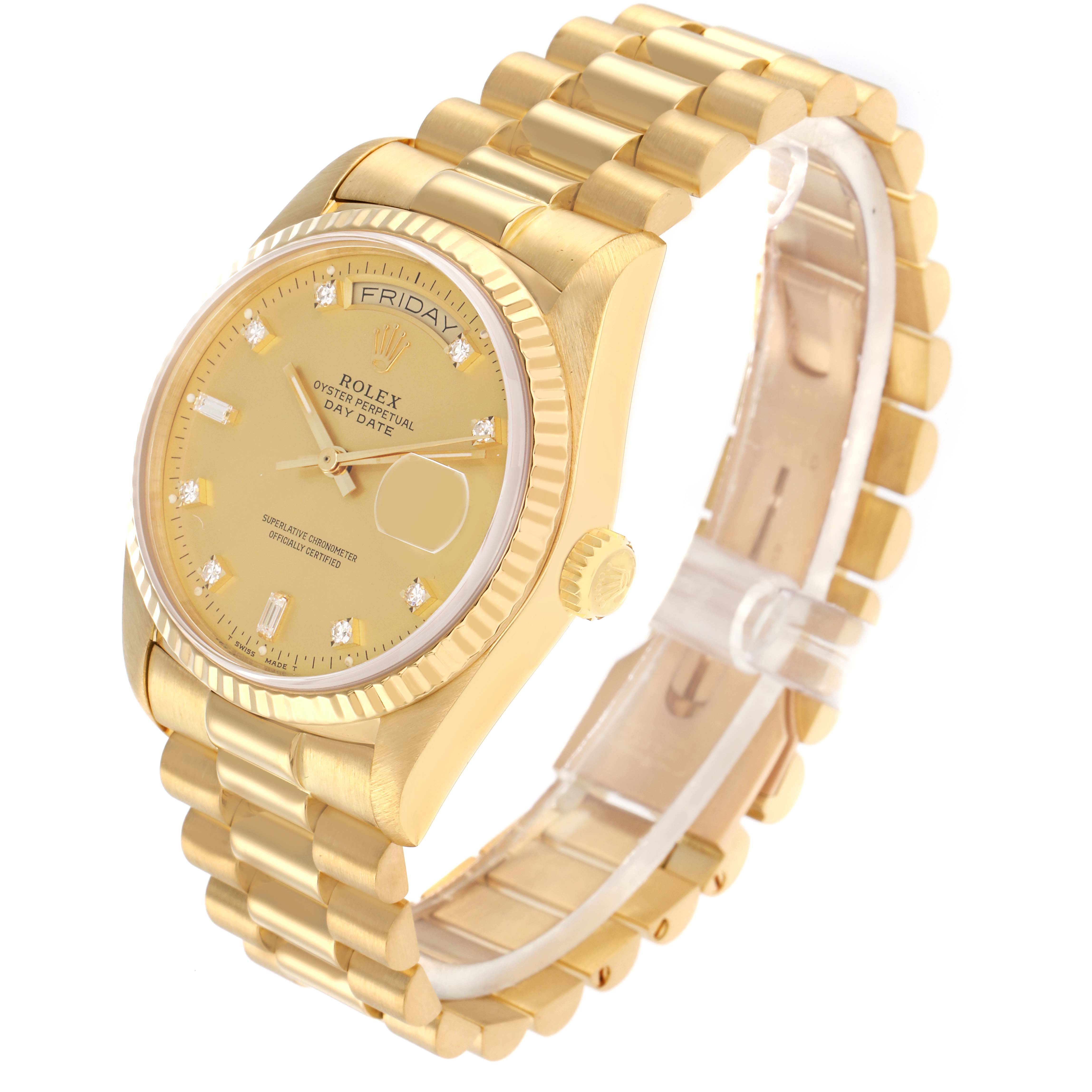 The Rolex President 18038 Men
s Yellow Gold Champagne Dial model watch is shown at a slight angle, displaying the face, fluted bezel, crown, and part of the bracelet.