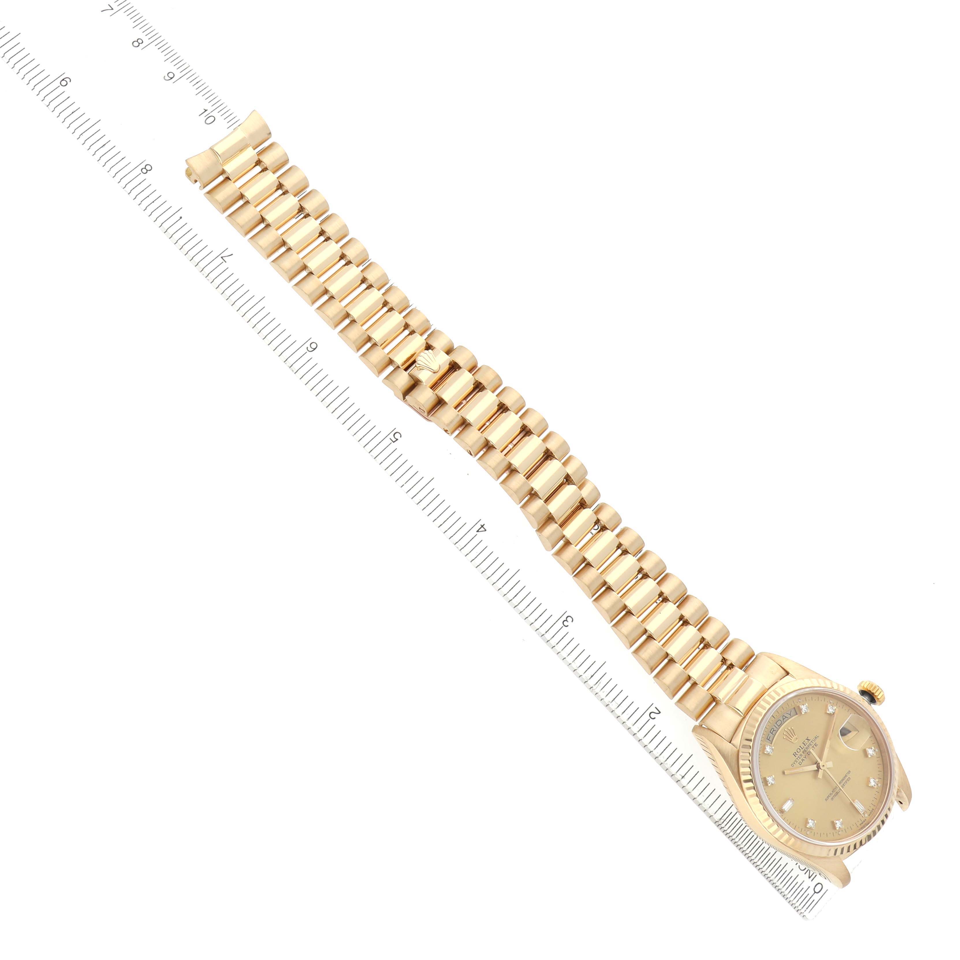 The Rolex President 18038 Men
s Yellow Gold Champagne Dial model watch is shown from a top view, displaying the bracelet and face alongside a measuring ruler.