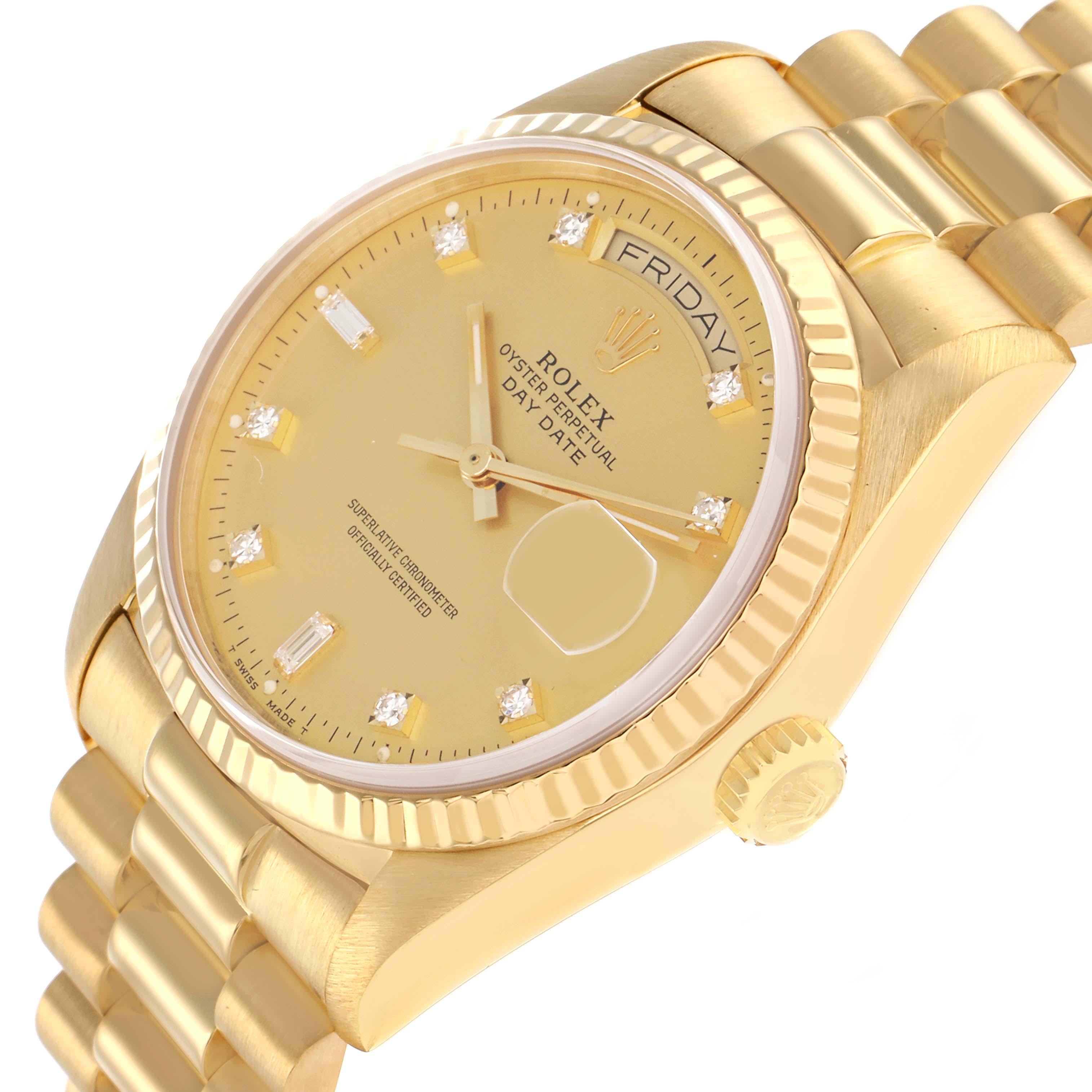 The Rolex President 18038 Men
s Yellow Gold Champagne Dial model is shown at a slight angle, highlighting the dial, bezel, crown, and part of the bracelet.