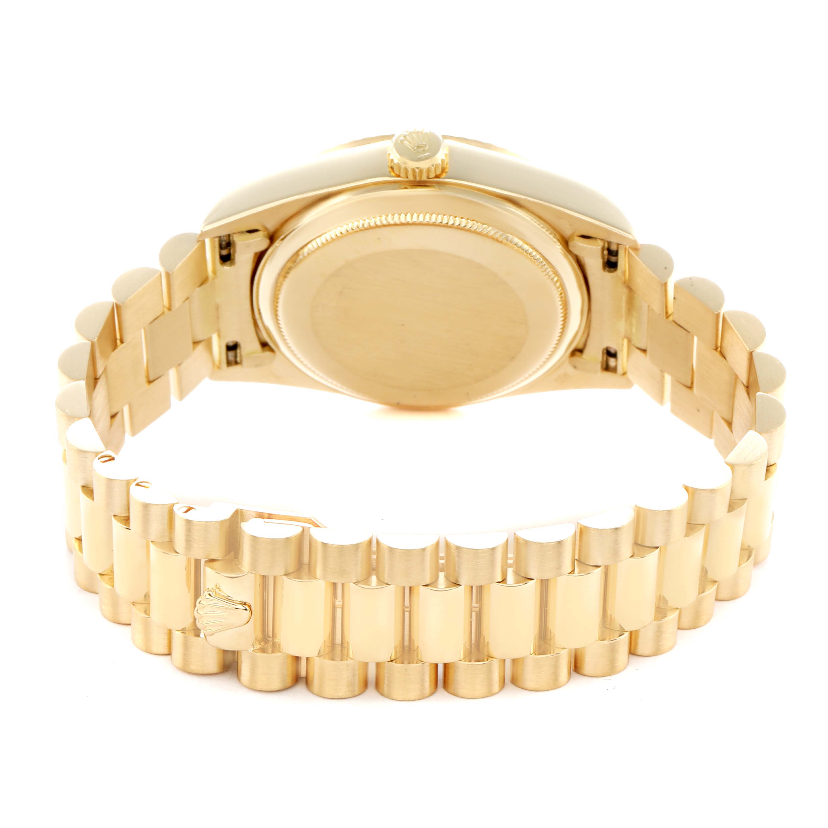 The image shows a Rolex President 18038 Men
s Yellow Gold Champagne Dial model watch from the rear angle, highlighting the back case and gold bracelet.