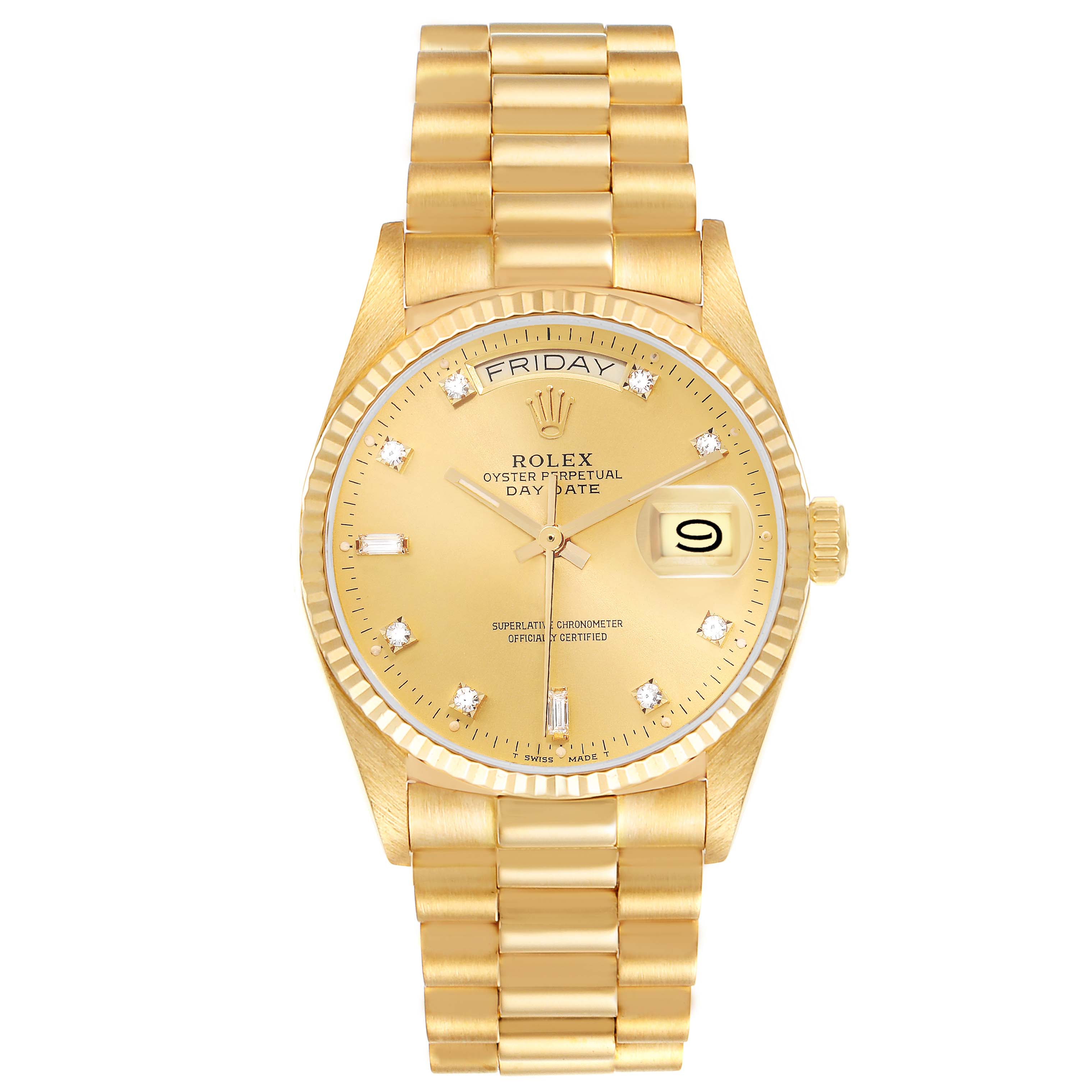 The Rolex President 18038 Men
s Yellow Gold Champagne Dial model watch is shown in a front view, displaying the dial, day and date windows, and bracelet.