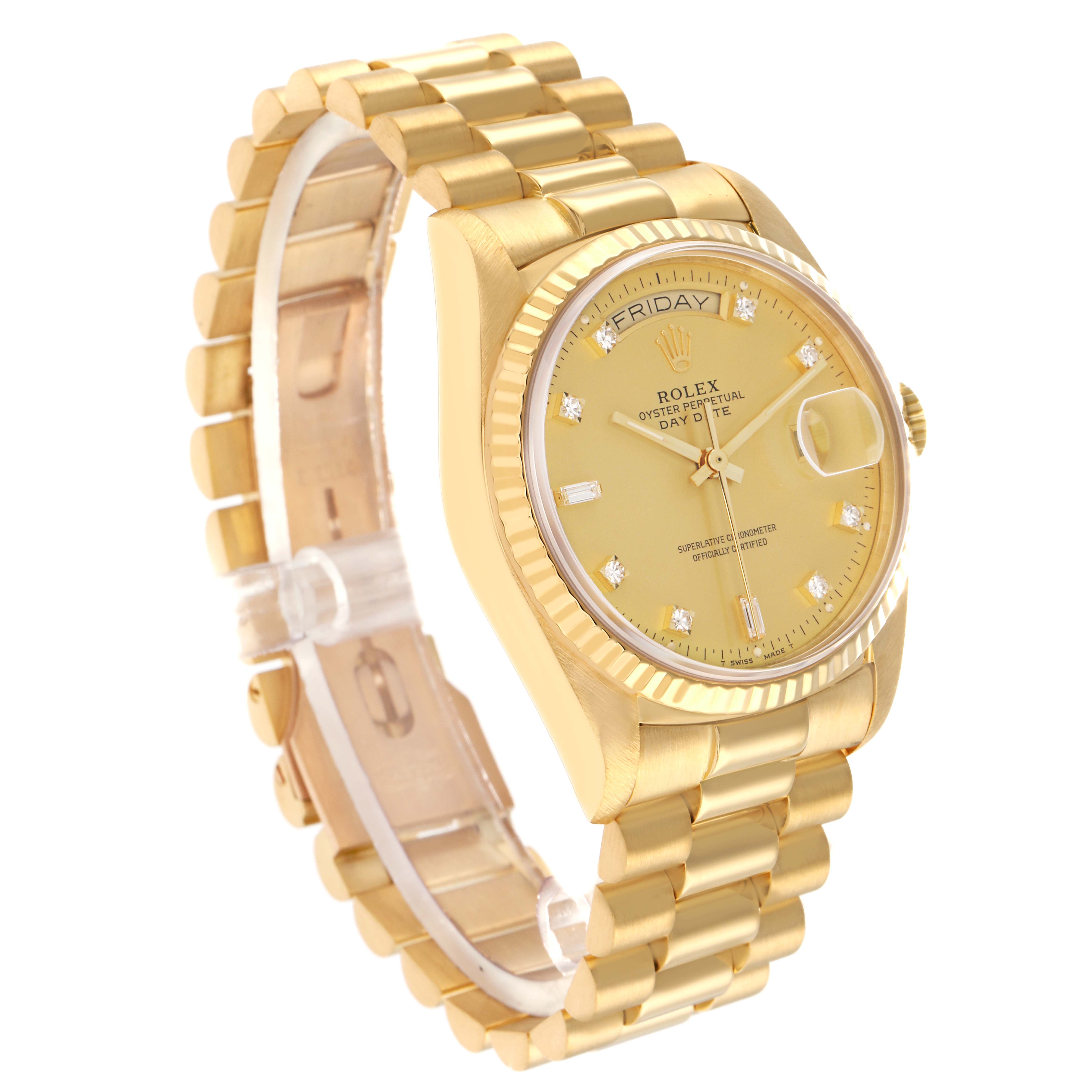 The image shows a Rolex President 18038 Men
s Yellow Gold Champagne Dial watch at a three-quarter angle, highlighting its gold bracelet, fluted bezel, and diamond hour markers.