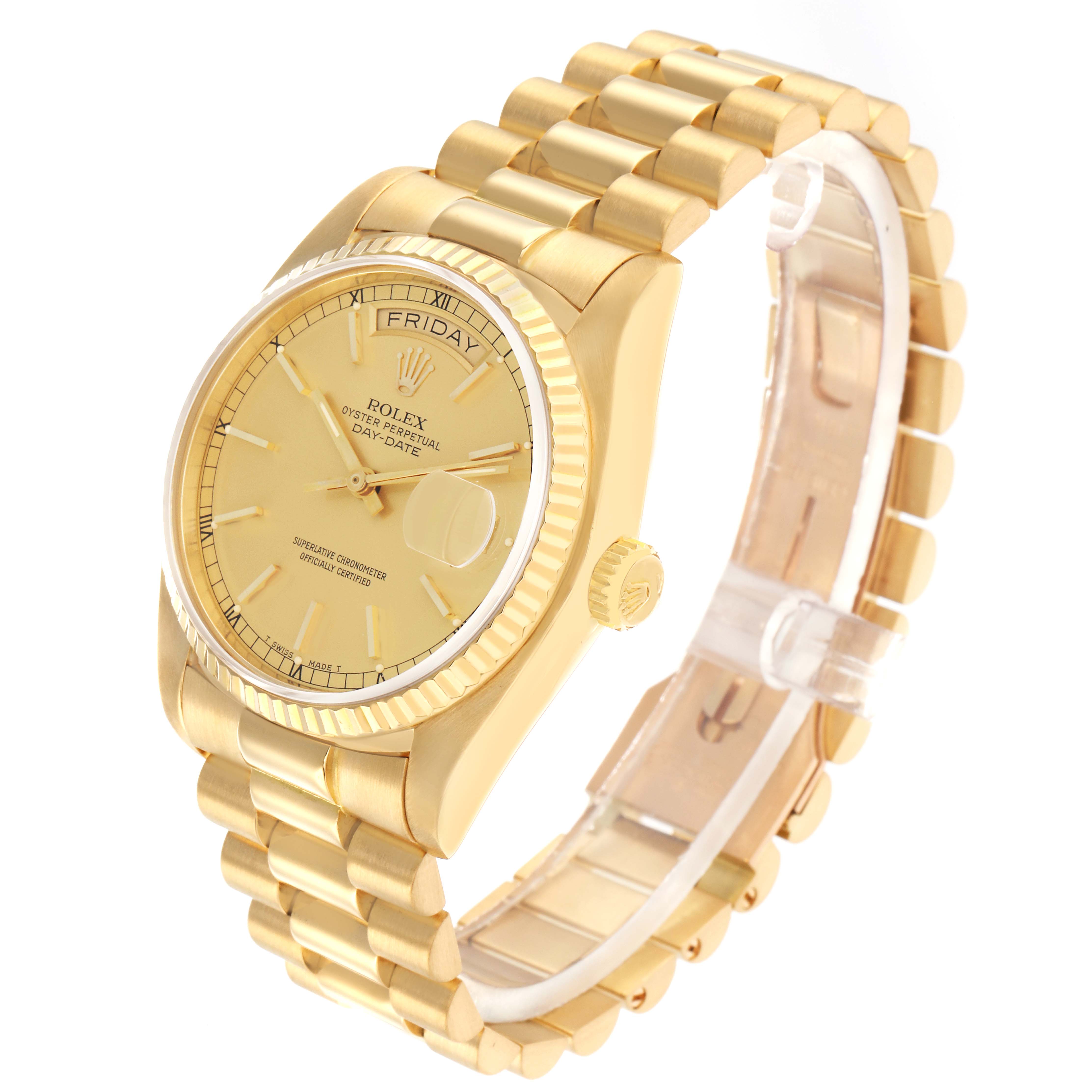 The Rolex President 18038 Men
s Yellow Gold Champagne Dial watch is shown at a three-quarter angle, featuring the face, band, and crown.