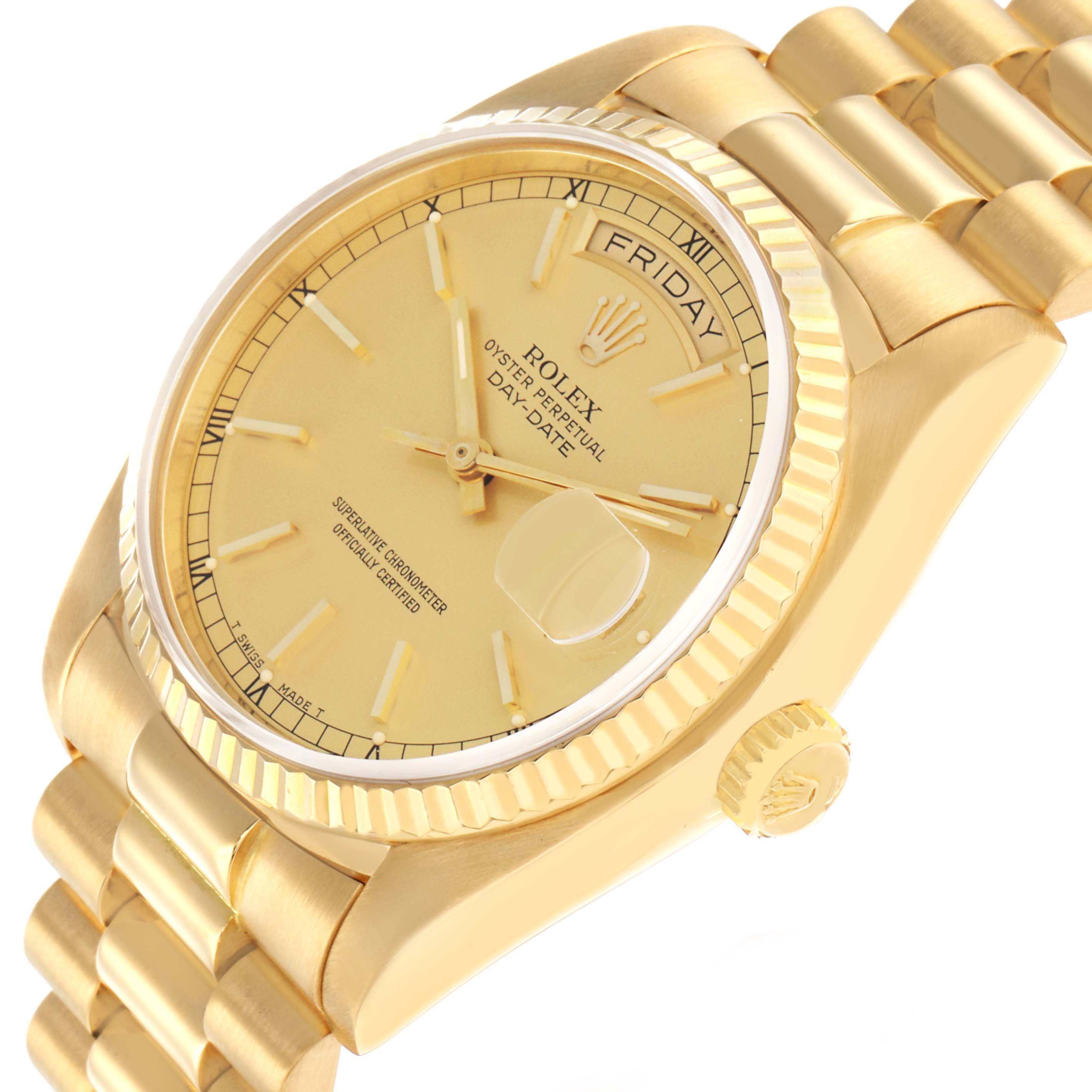 The Rolex President 18038 Men
s Yellow Gold Champagne Dial model is shown from a three-quarter angle highlighting the dial, bezel, crown, and part of the bracelet.