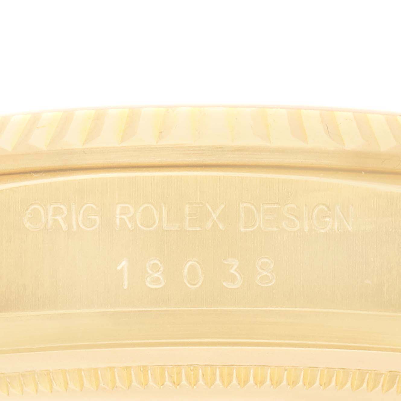 The image shows the side of a Rolex President 18038 Men
s Yellow Gold Champagne Dial watch case, highlighting the model number "18038" and "Orig Rolex Design."
