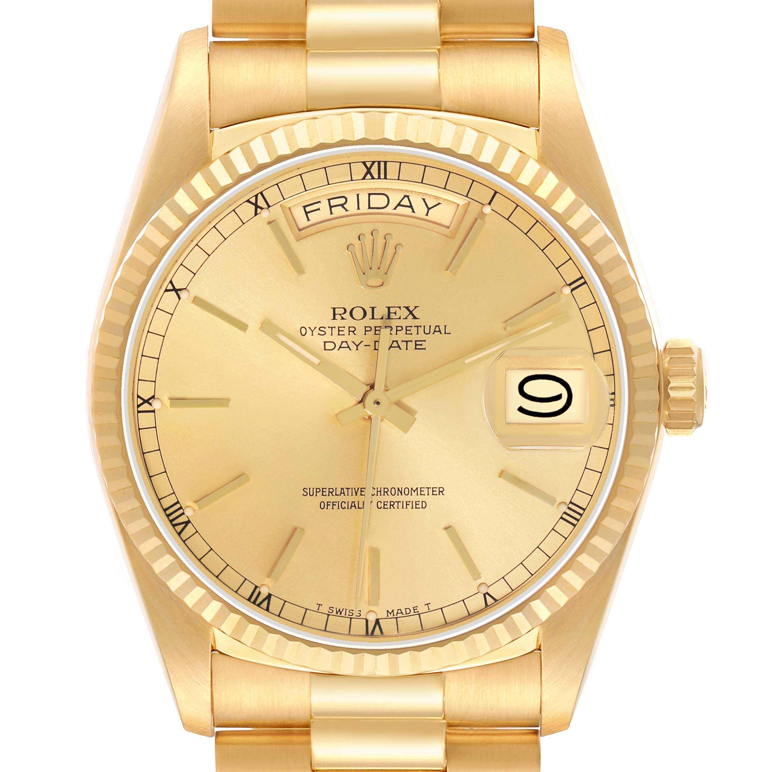 The Rolex President 18038 Men
s Yellow Gold Champagne Dial model watch is shown from a direct frontal angle, displaying its gold dial, bezel, and bracelet.