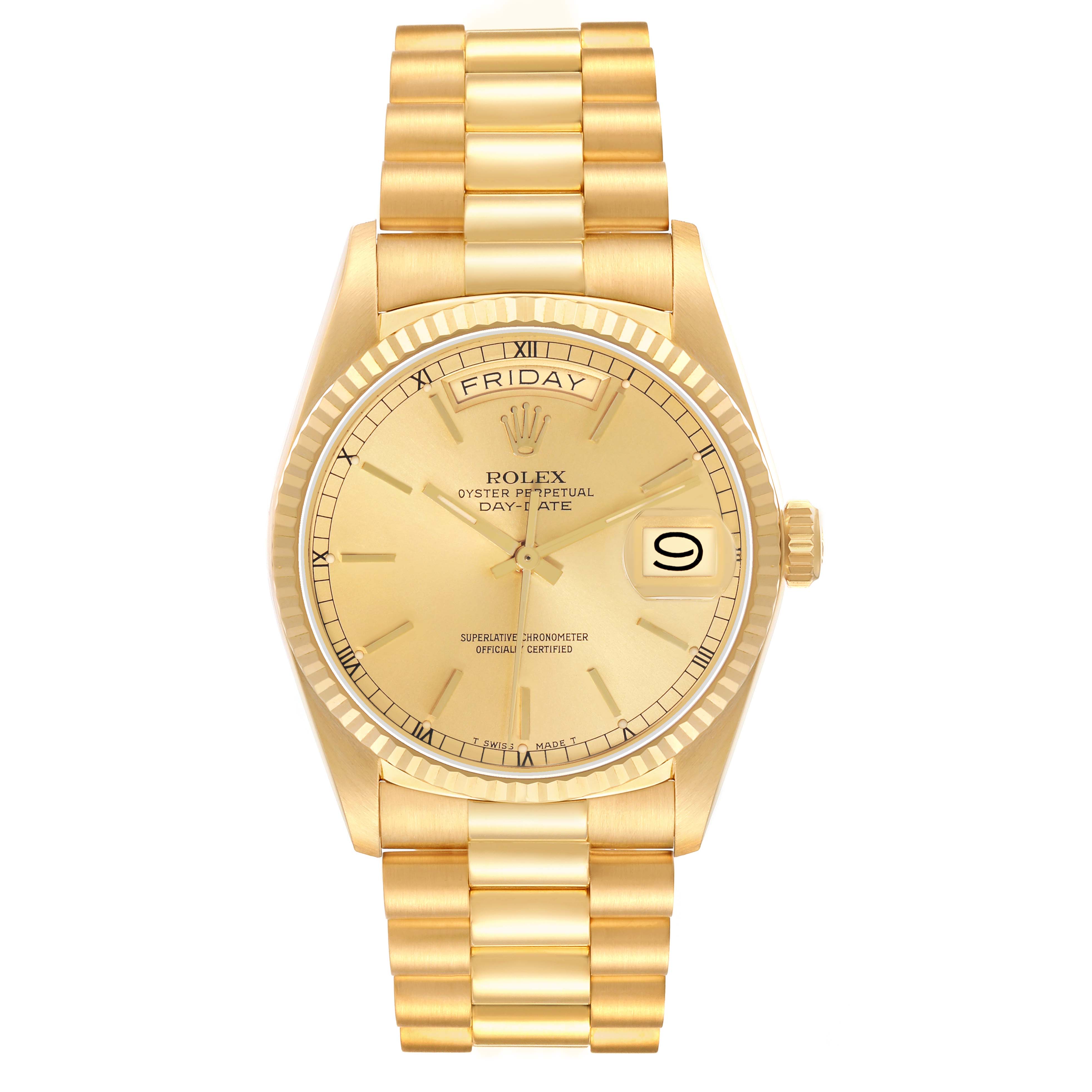 The image shows a frontal view of the Rolex President 18038 Men
s Yellow Gold Champagne Dial watch, highlighting the dial, bezel, and bracelet.