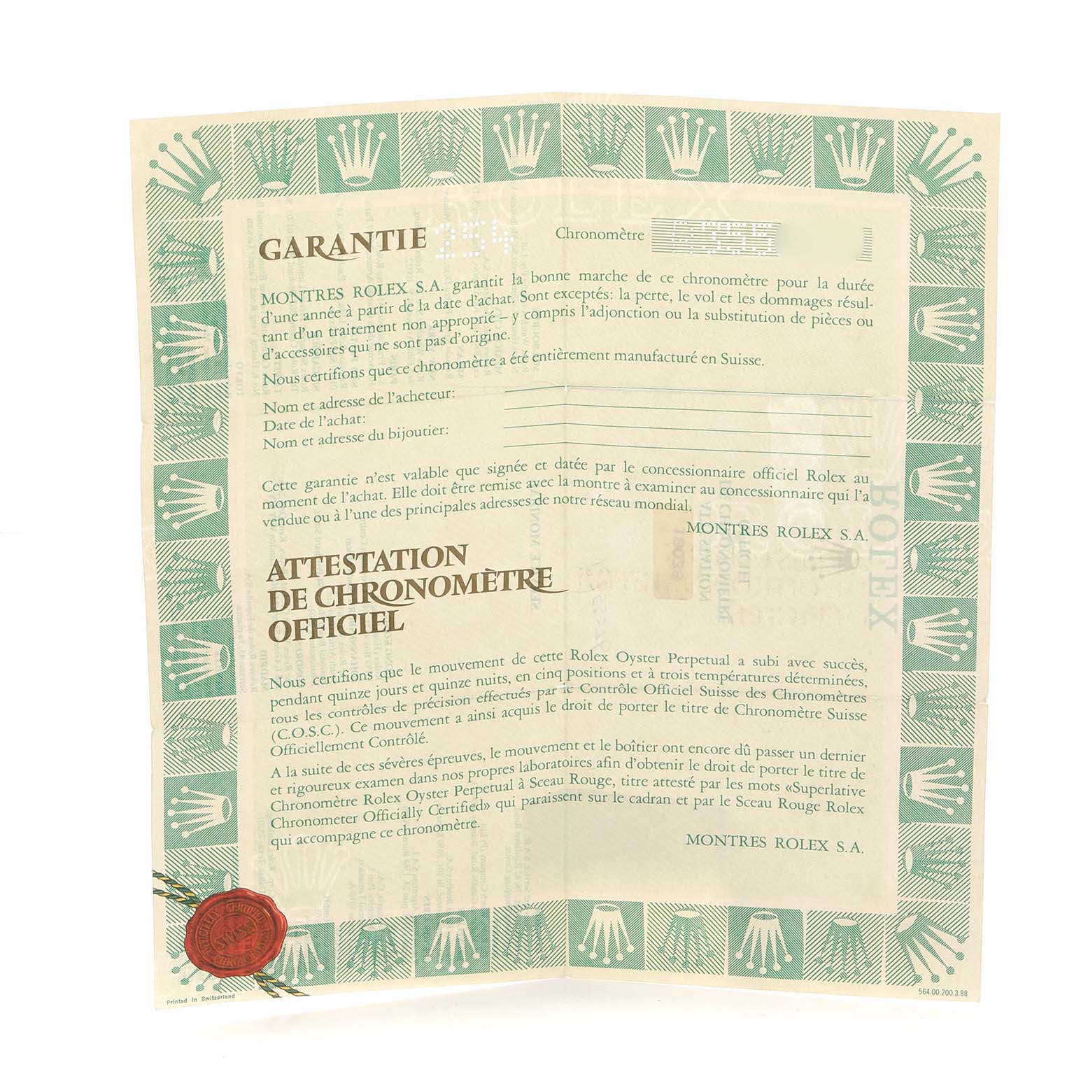 This image shows a warranty and official chronometer certificate for a Rolex President 18038 Men
s Yellow Gold Champagne Dial model.