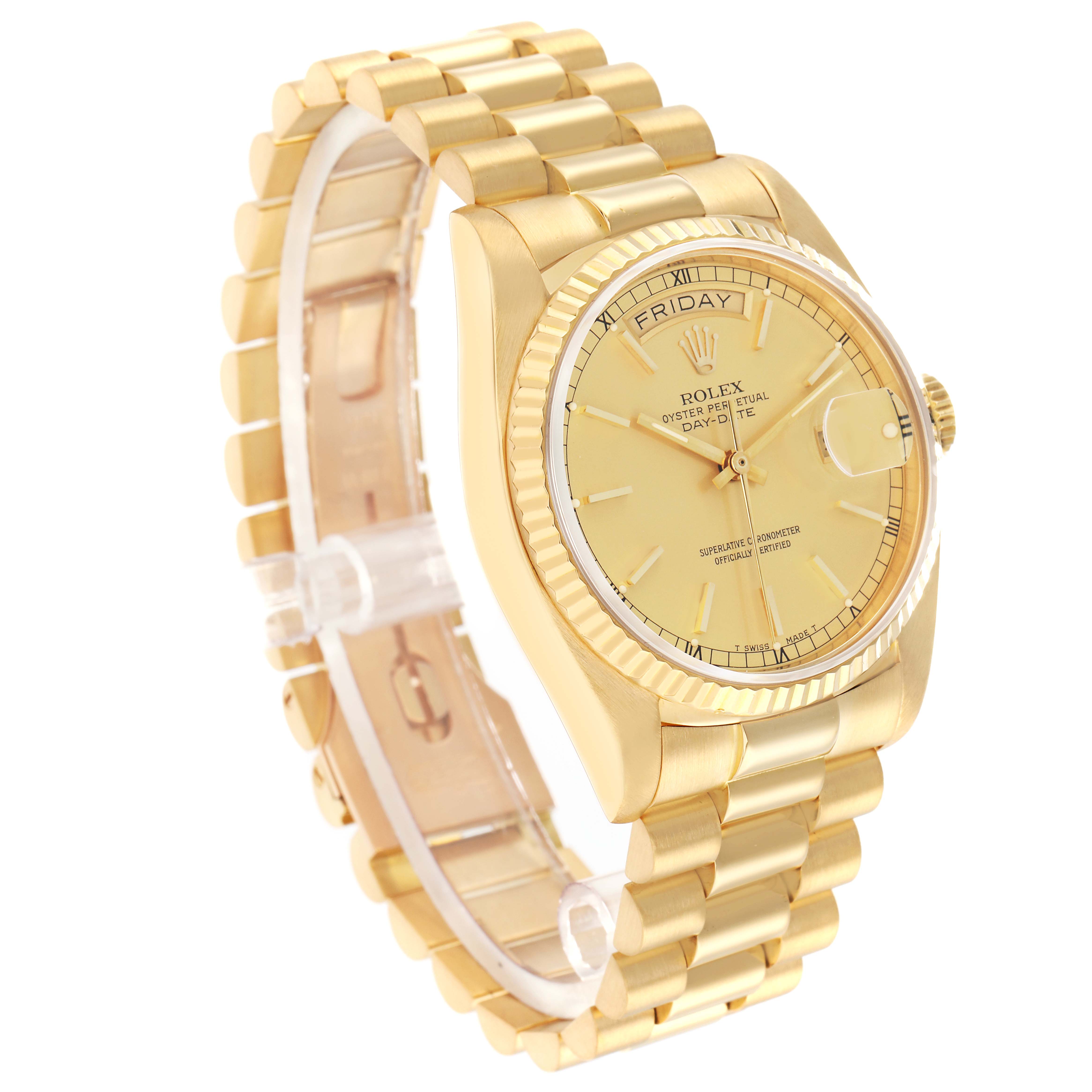 The Rolex President 18038 Men
s Yellow Gold Champagne Dial model is shown from a three-quarter angle, highlighting the dial, bezel, and bracelet.