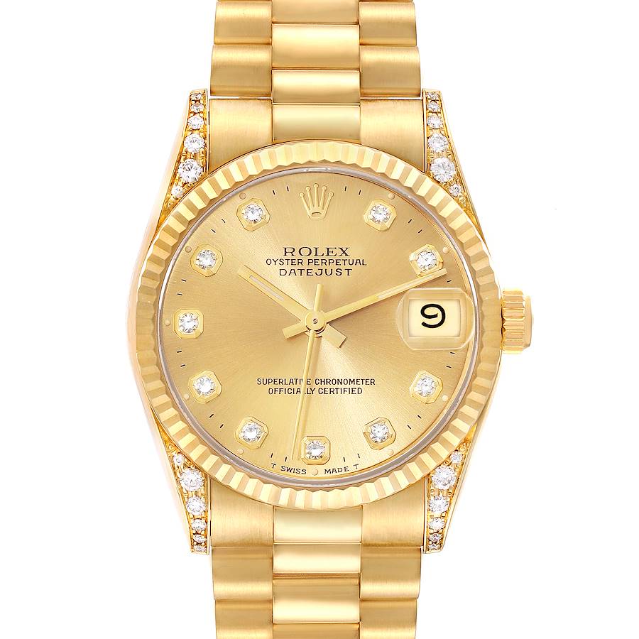 The Rolex President model is shown from the top, highlighting the face, bezel, crown, and part of the bracelet.