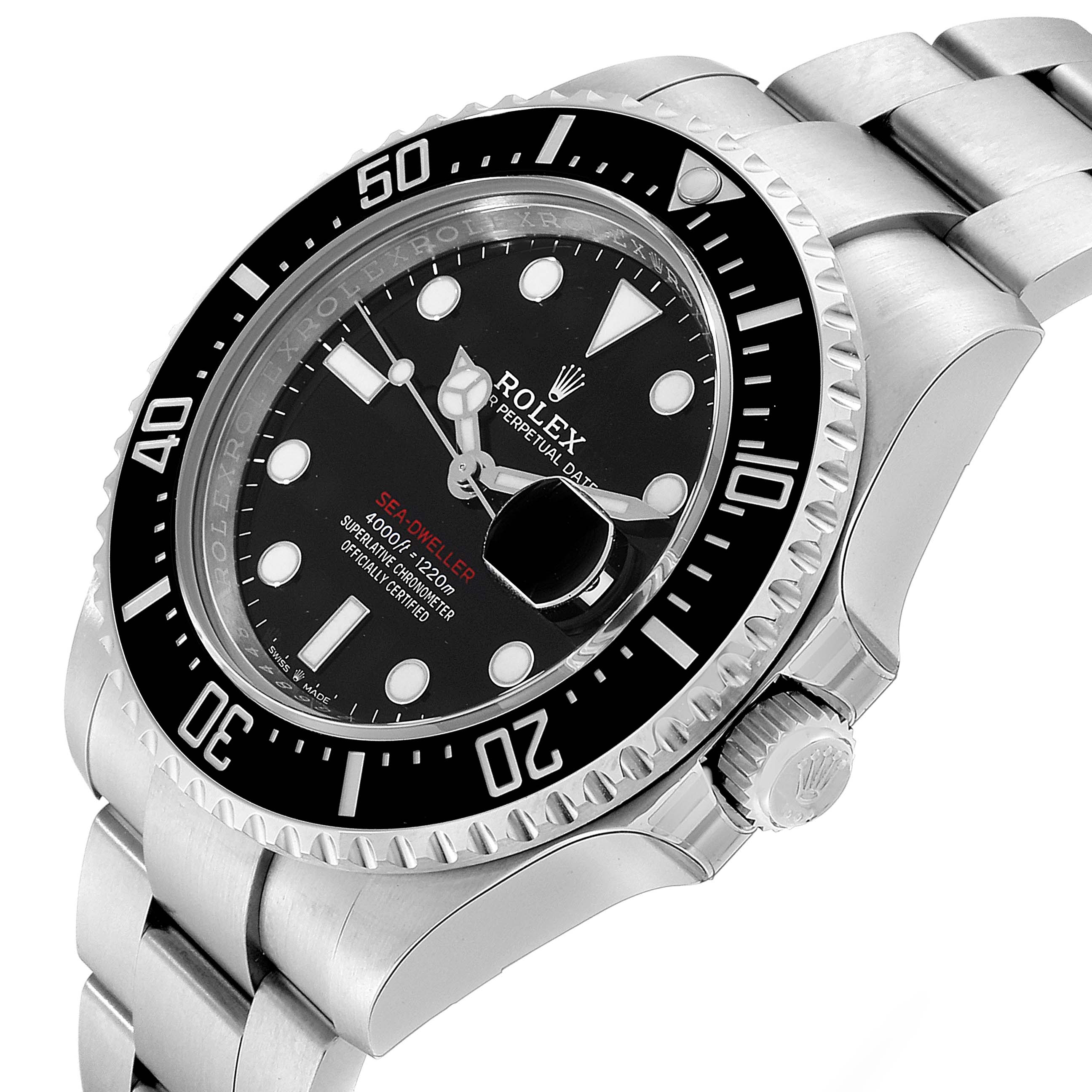 The Rolex Sea-Dweller 126600 Men
s Stainless Steel Black Dial 126600 Men
s Stainless Steel Black Dial watch is shown from a three-quarter angle, displaying the dial, bezel, and bracelet.