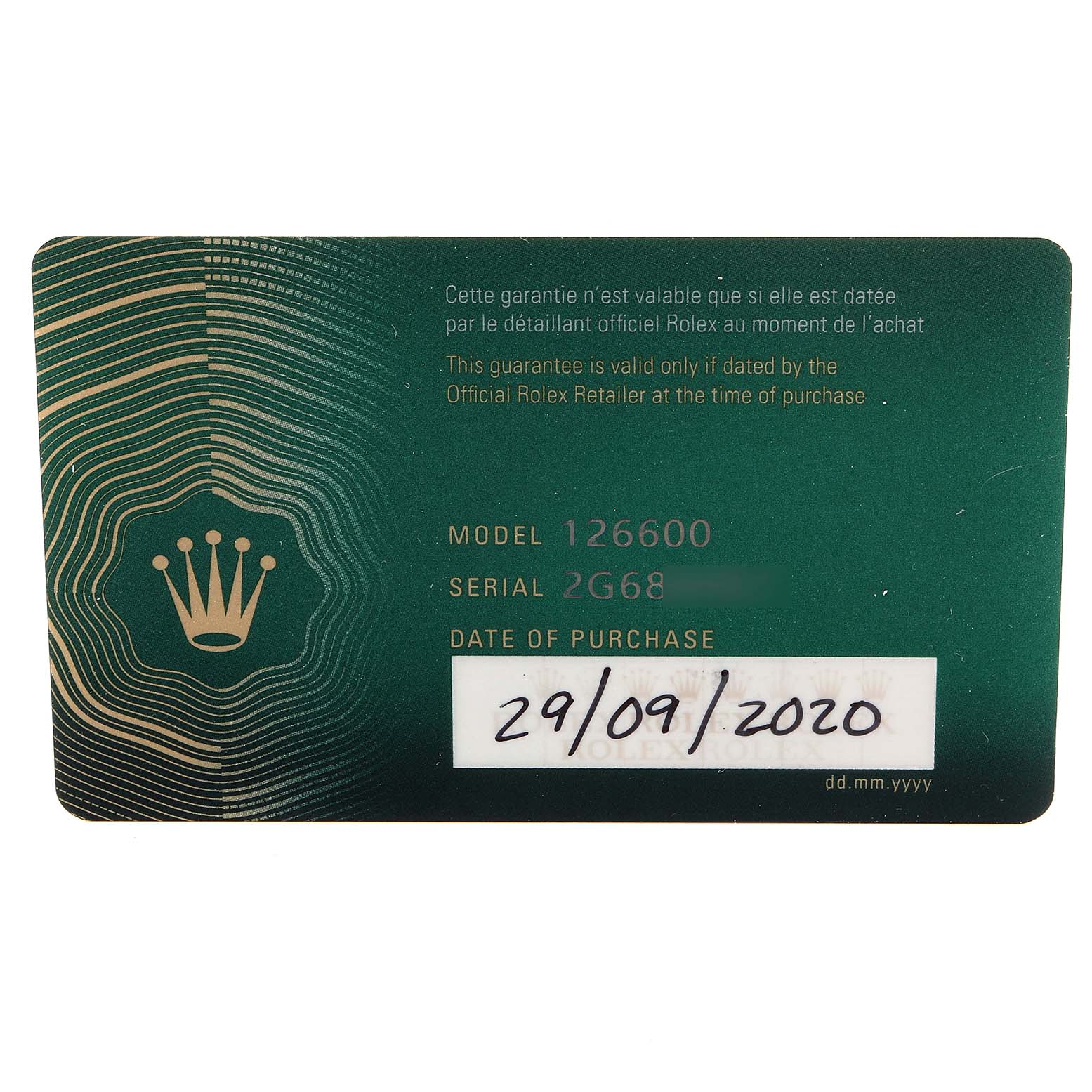 The image shows the warranty card for a Rolex Sea-Dweller 126600 Men
s Stainless Steel Black Dial 126600 Men
s Stainless Steel Black Dial model 126600 with serial number 2G68 and purchase date 29/09/2020.
