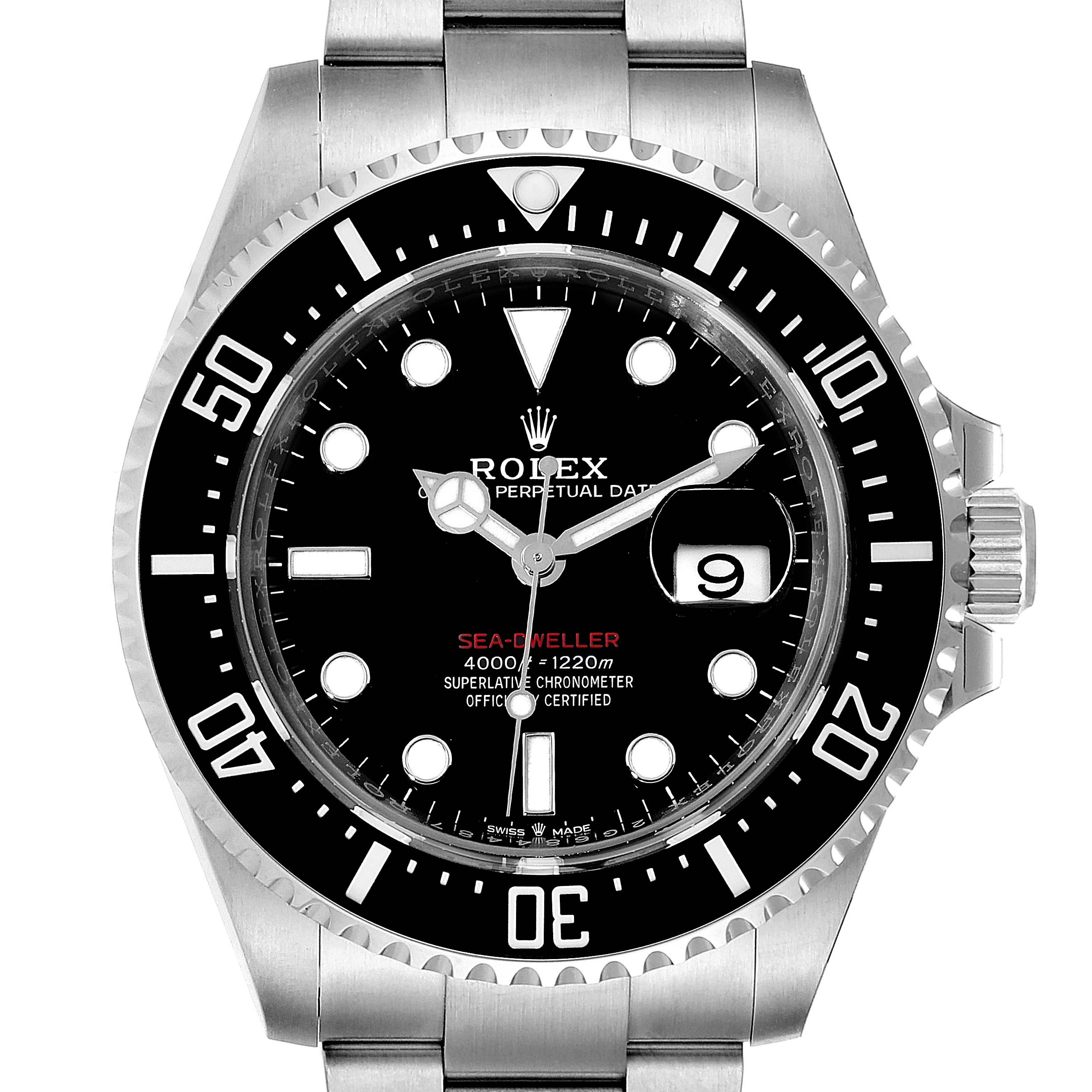 The image shows a front view of a Rolex Sea-Dweller 126600 Men
s Stainless Steel Black Dial 126600 Men
s Stainless Steel Black Dial watch, highlighting the dial, bezel, crown, and part of the bracelet.