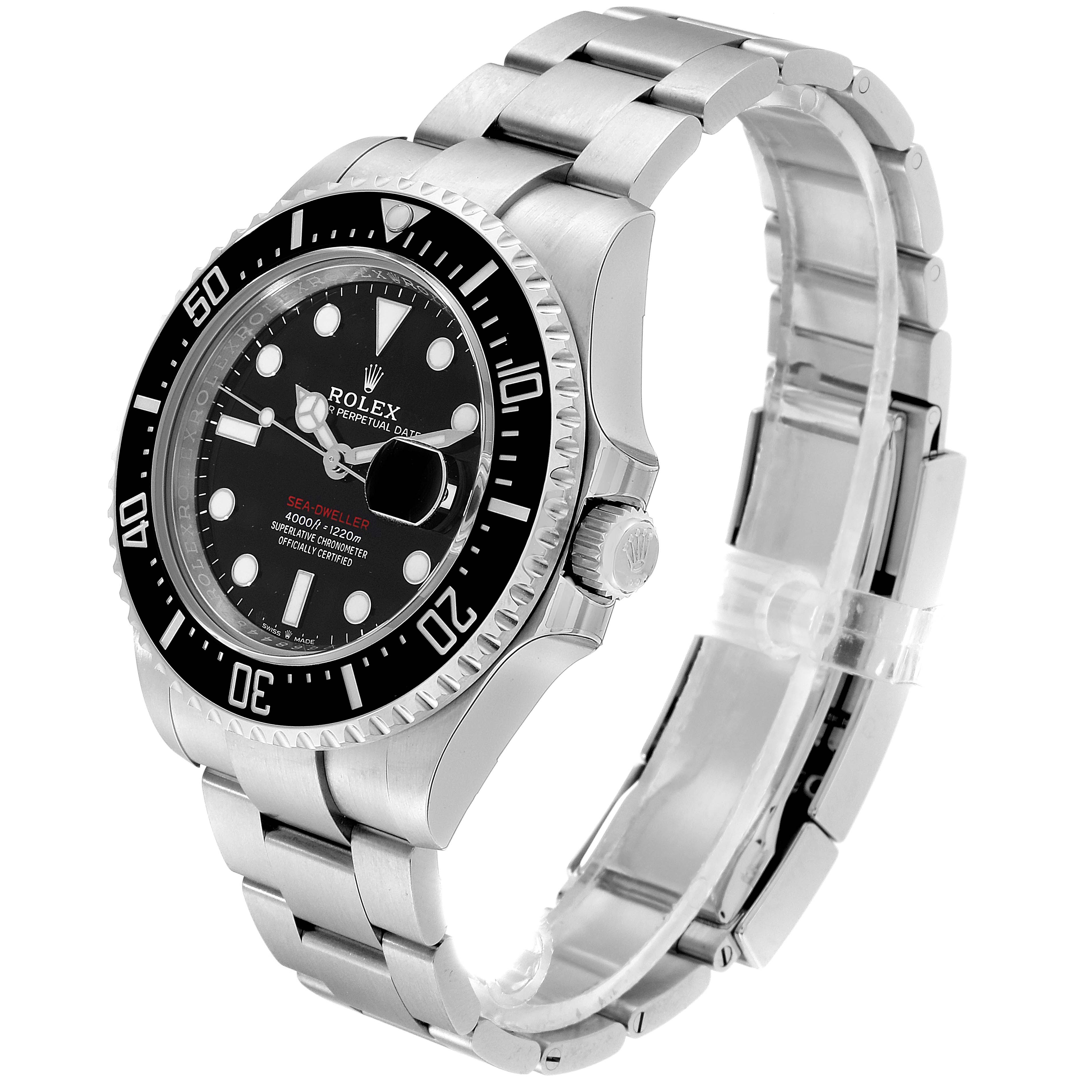 This image shows a side view of the Rolex Sea-Dweller 126600 Men
s Stainless Steel Black Dial 126600 Men
s Stainless Steel Black Dial model, highlighting the face, bezel, crown, and bracelet.