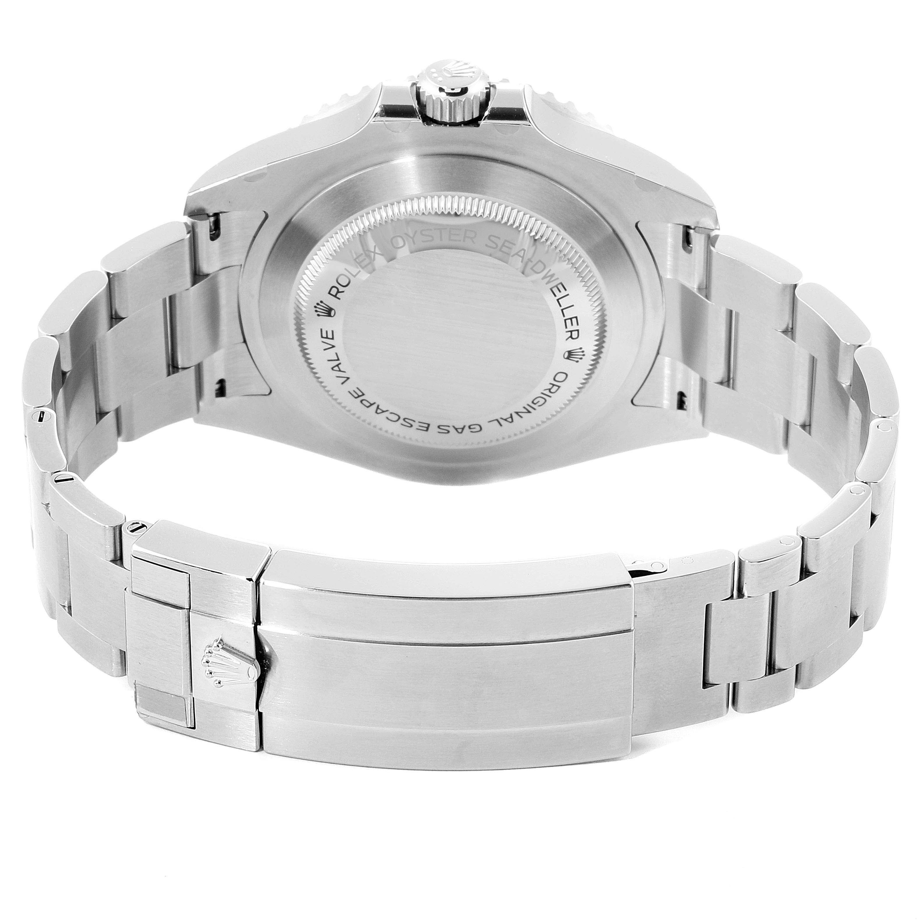 This image shows the rear view of the Rolex Sea-Dweller 126600 Men
s Stainless Steel Black Dial 126600 Men
s Stainless Steel Black Dial watch, focusing on its case back, bracelet, and clasp.