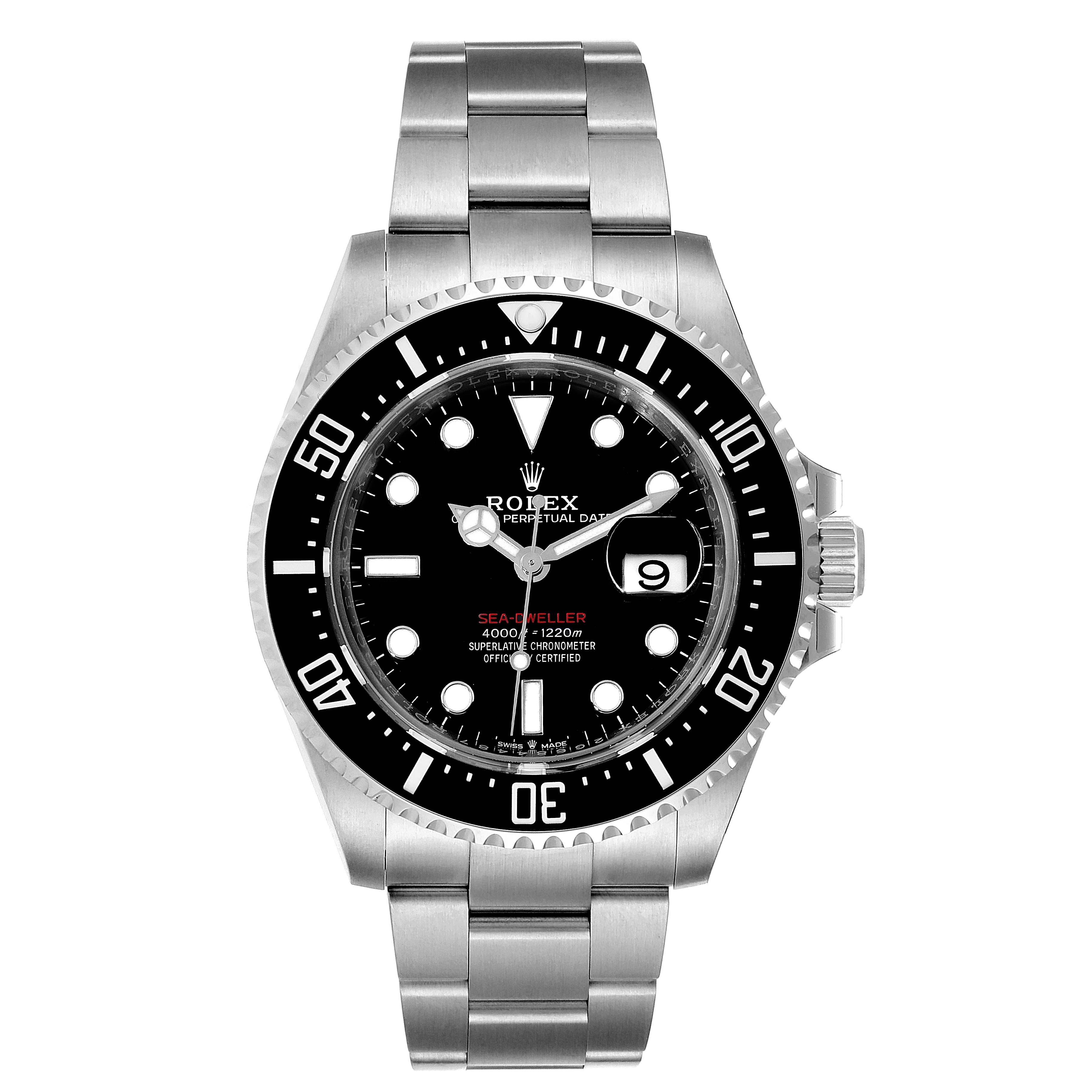 The image shows a front view of the Rolex Sea-Dweller 126600 Men
s Stainless Steel Black Dial 126600 Men
s Stainless Steel Black Dial watch, displaying the dial, bezel, and stainless steel bracelet.
