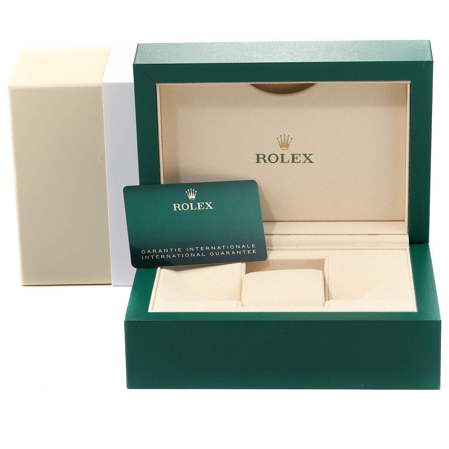 The image shows the open box for a Rolex Sea-Dweller 126600 Men
s Stainless Steel Black Dial 126600 Men
s Stainless Steel Black Dial watch and an international guarantee card inside.