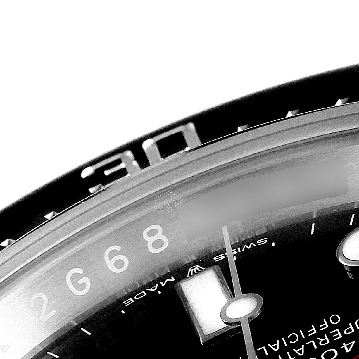 This close-up shows the dial and bezel of the Rolex Sea-Dweller 126600 Men
s Stainless Steel Black Dial 126600 Men
s Stainless Steel Black Dial watch from an angular view.