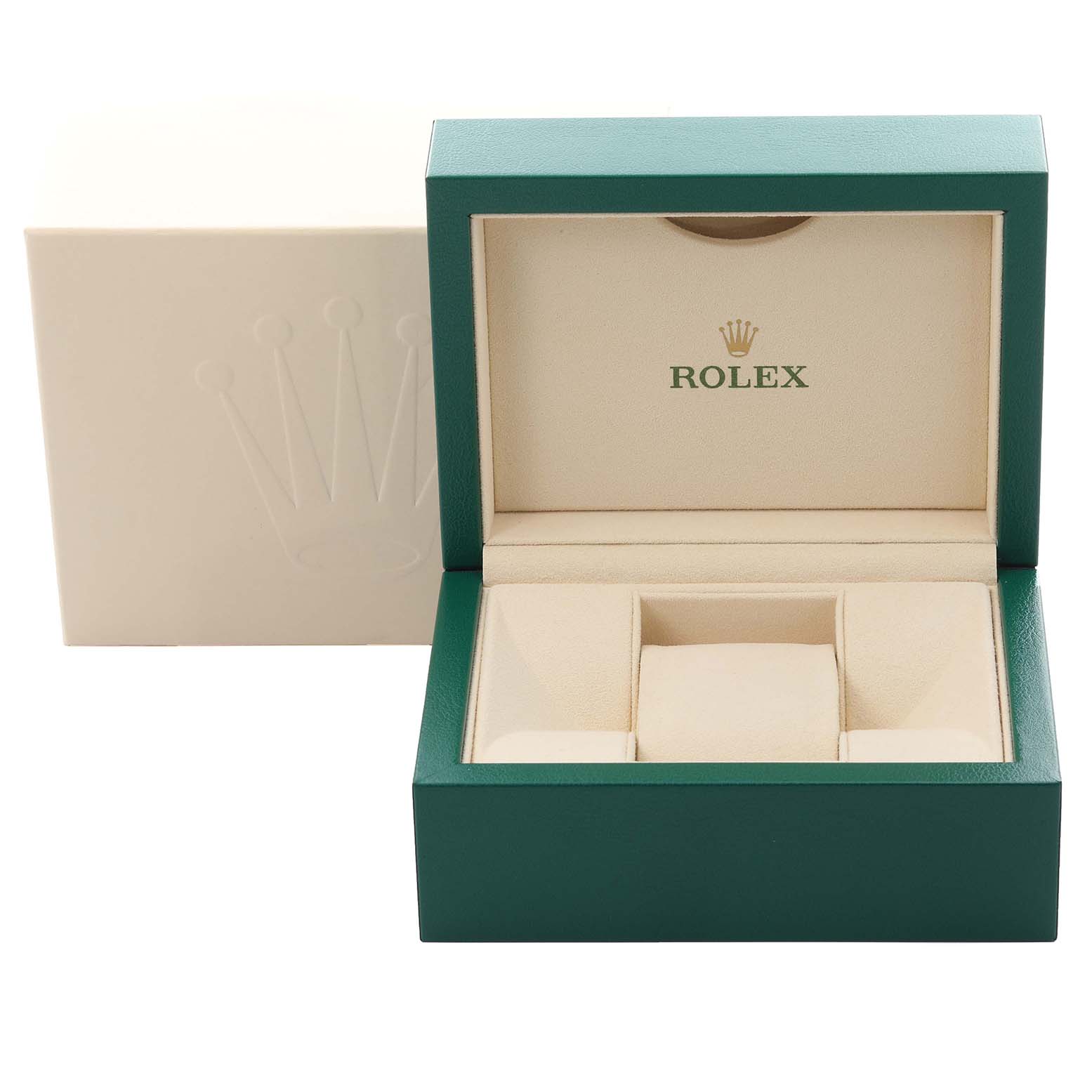 The image shows an open green Rolex Sea-Dweller 136660 Men
s Stainless Steel Black Dial 136660 Men
s Stainless Steel Black Dial watch box, with the logo and crown symbol inside.