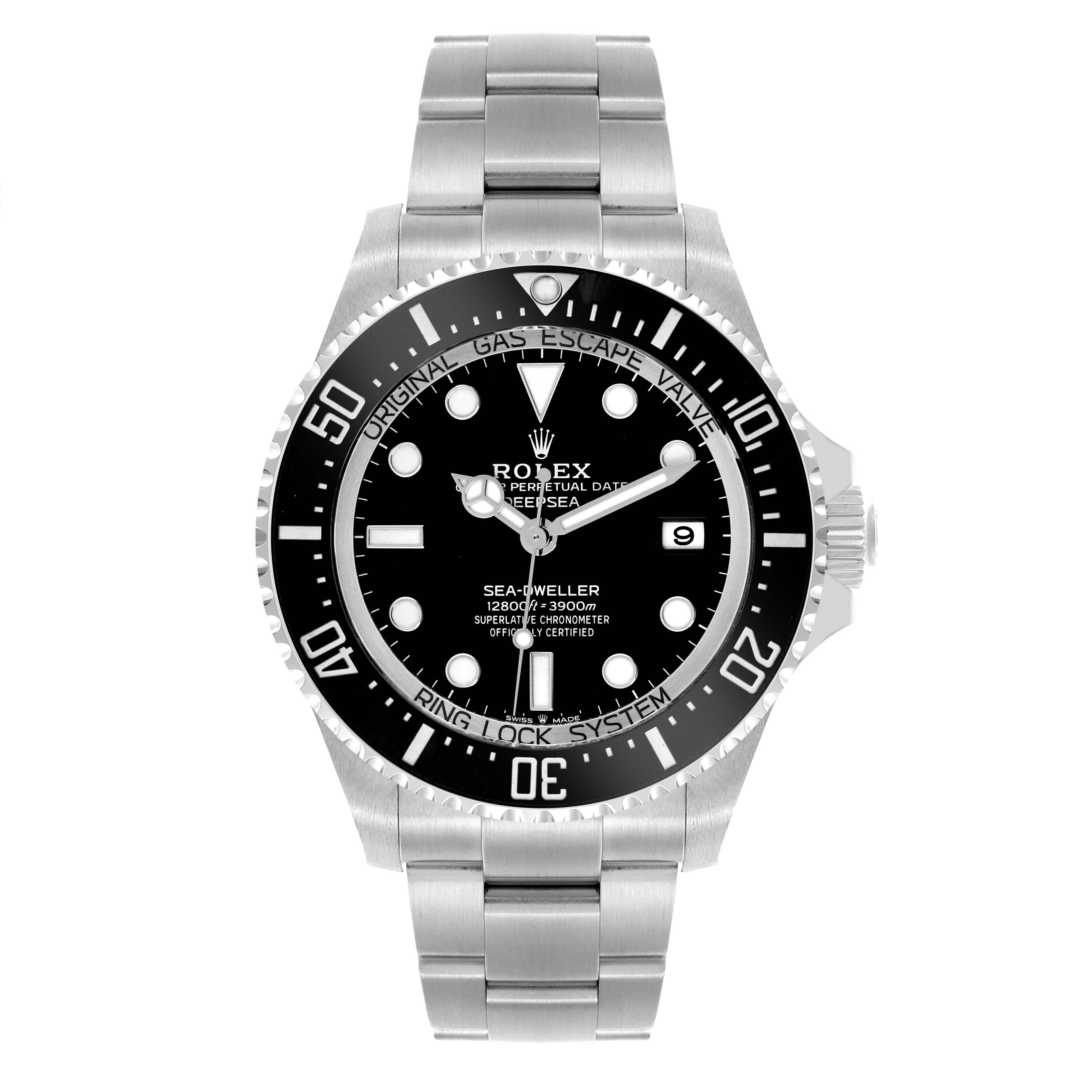 The Rolex Sea-Dweller 136660 Men
s Stainless Steel Black Dial 136660 Men
s Stainless Steel Black Dial watch is shown from the front, highlighting its face, bezel, and metal bracelet.