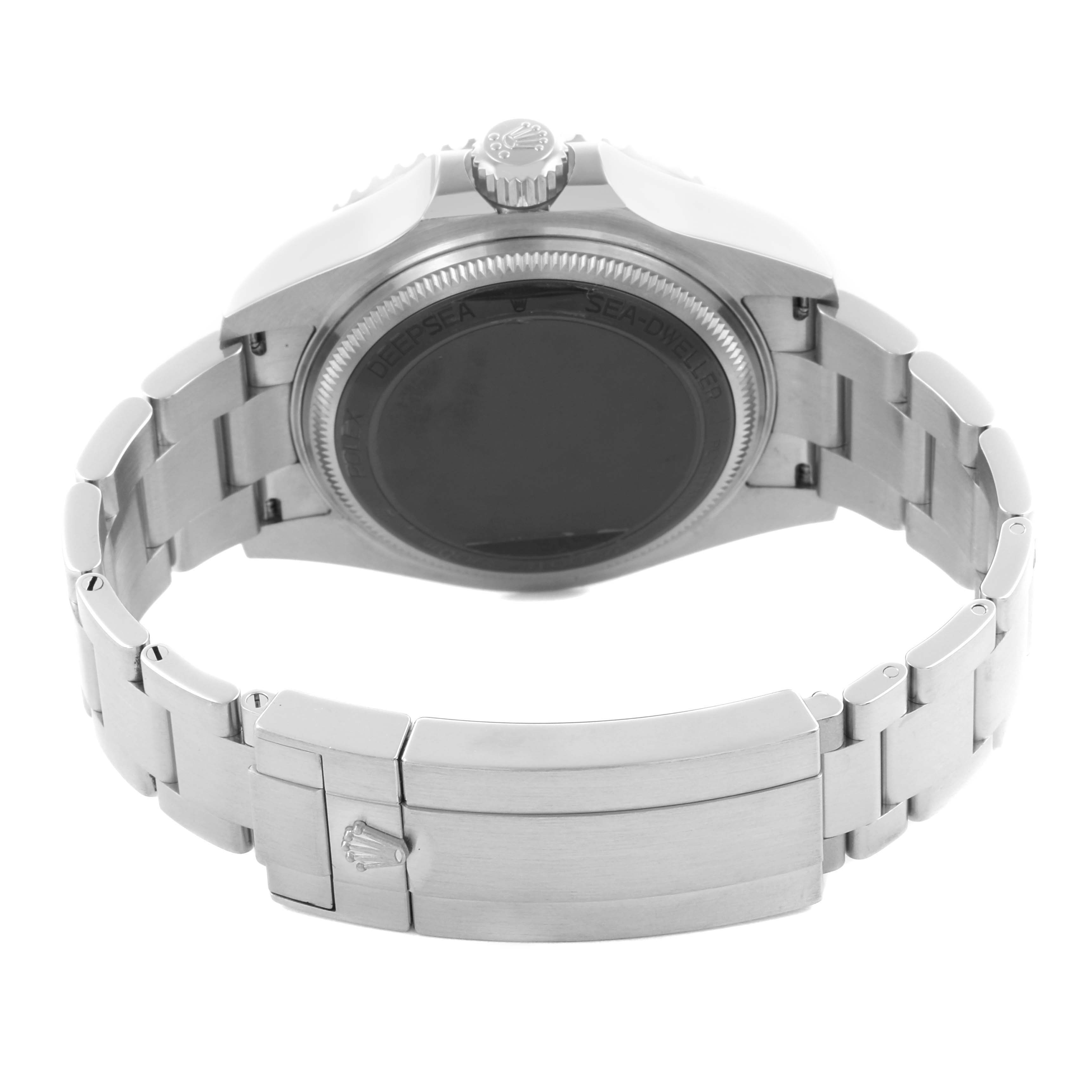 The image shows the back and clasp of a Rolex Sea-Dweller 136660 Men
s Stainless Steel Black Dial 136660 Men
s Stainless Steel Black Dial watch at a slightly elevated angle.