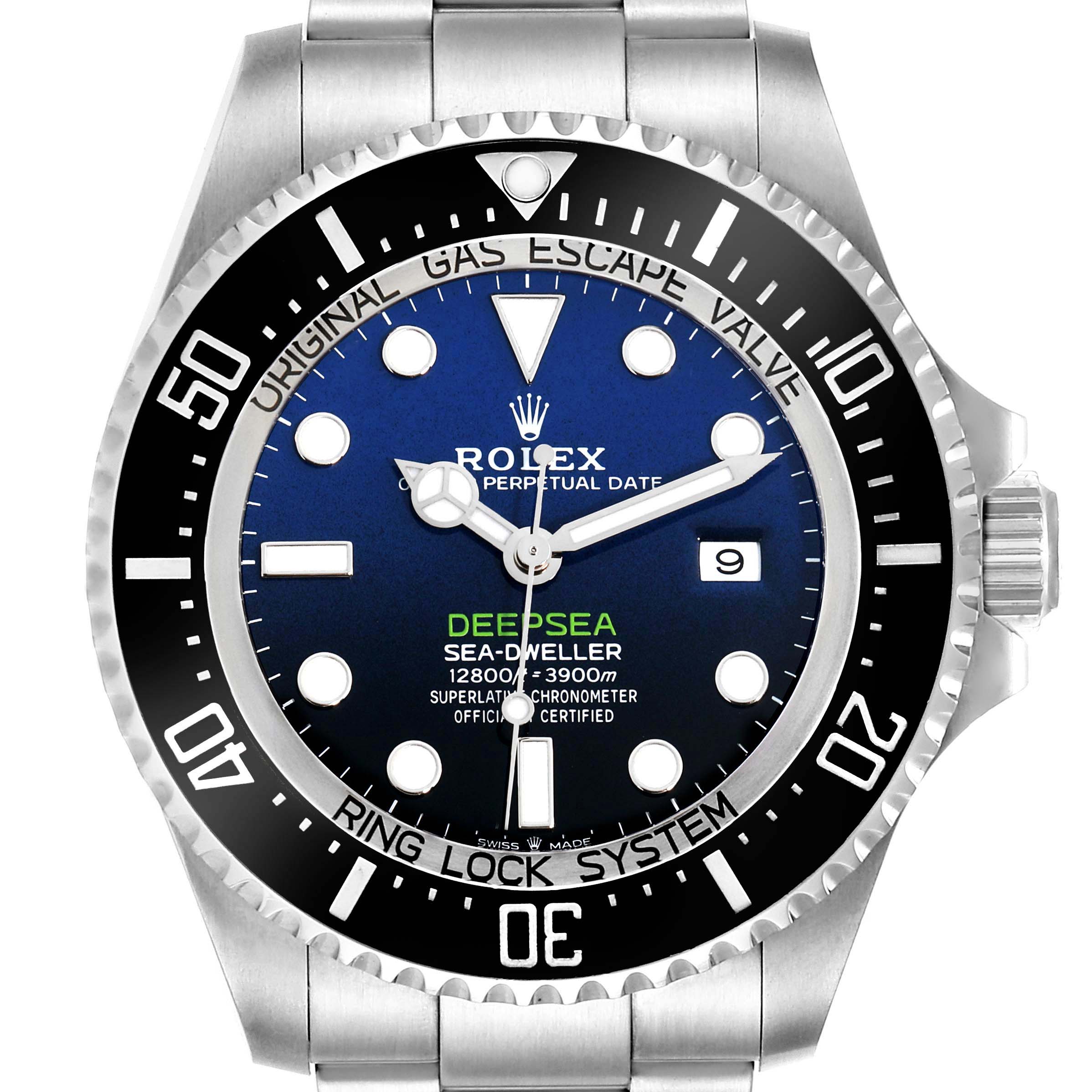 The Rolex Sea-Dweller 126660 Men
s Stainless Steel Blue Dial watch is shown from the front, displaying its dial, bezel, and crown.