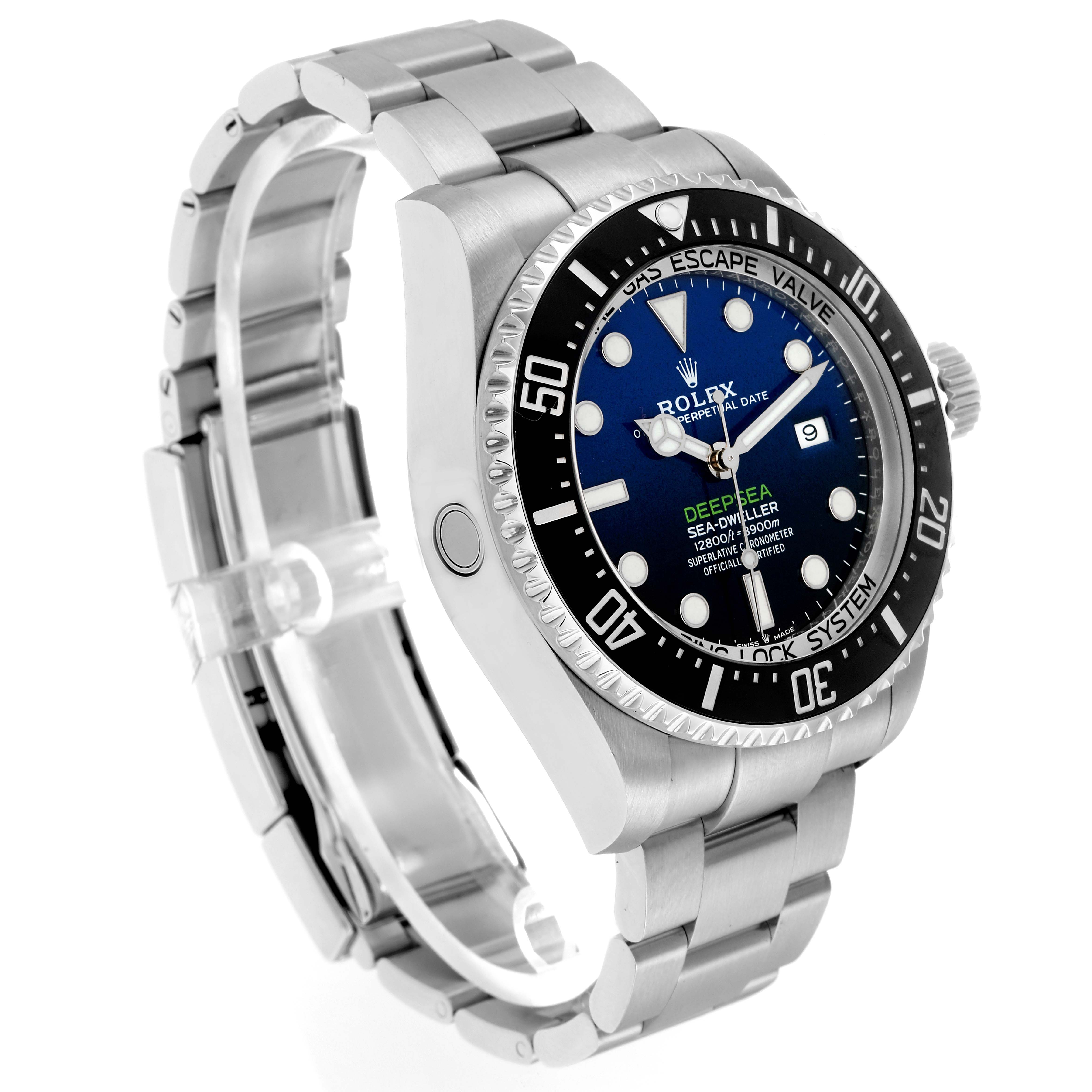 The Rolex Sea-Dweller 126660 Men
s Stainless Steel Blue Dial watch is shown at a three-quarter angle, highlighting the face, bezel, crown, and bracelet.
