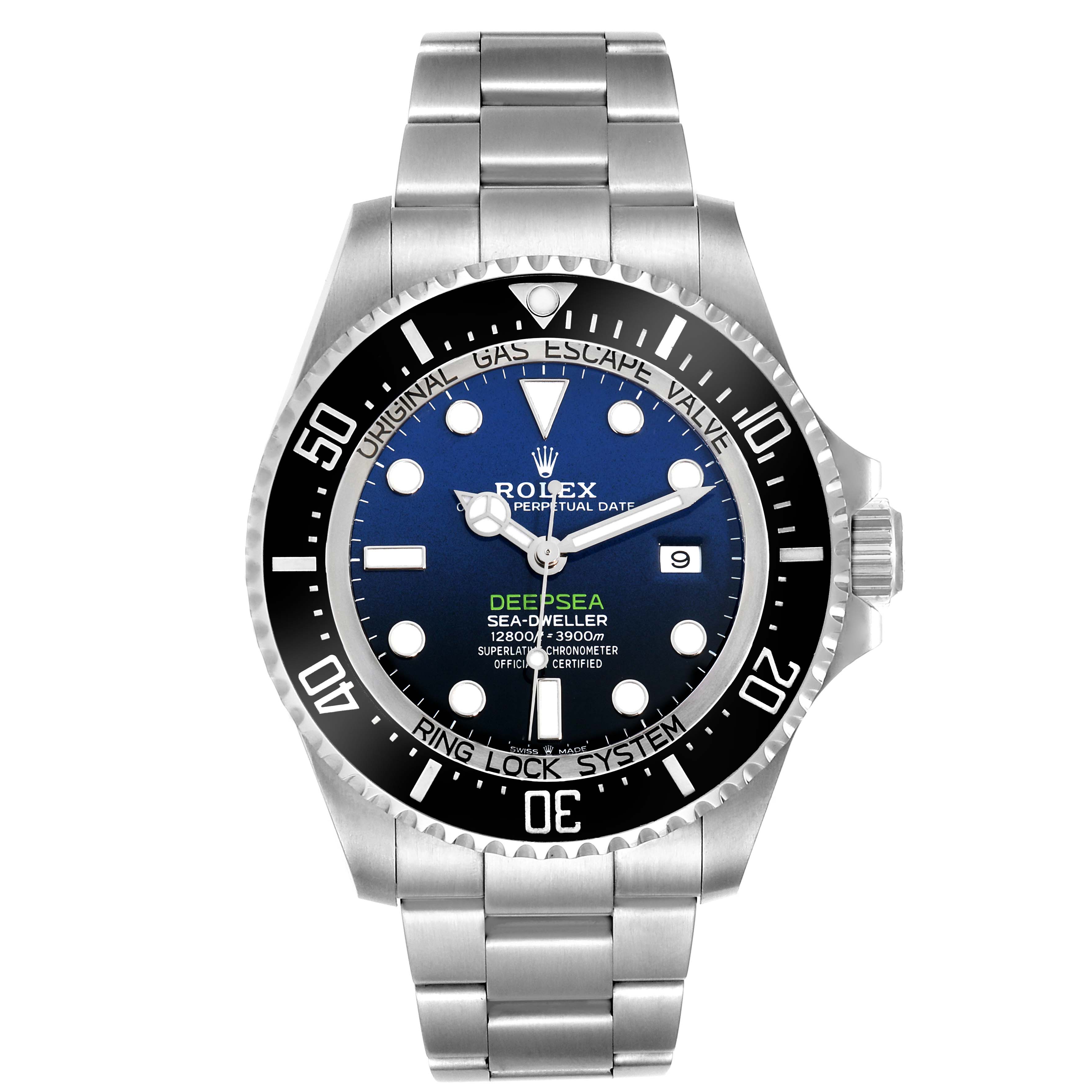 The Rolex Sea-Dweller 126660 Men
s Stainless Steel Blue Dial watch is shown from the front, displaying its dial, bezel, and stainless steel bracelet.