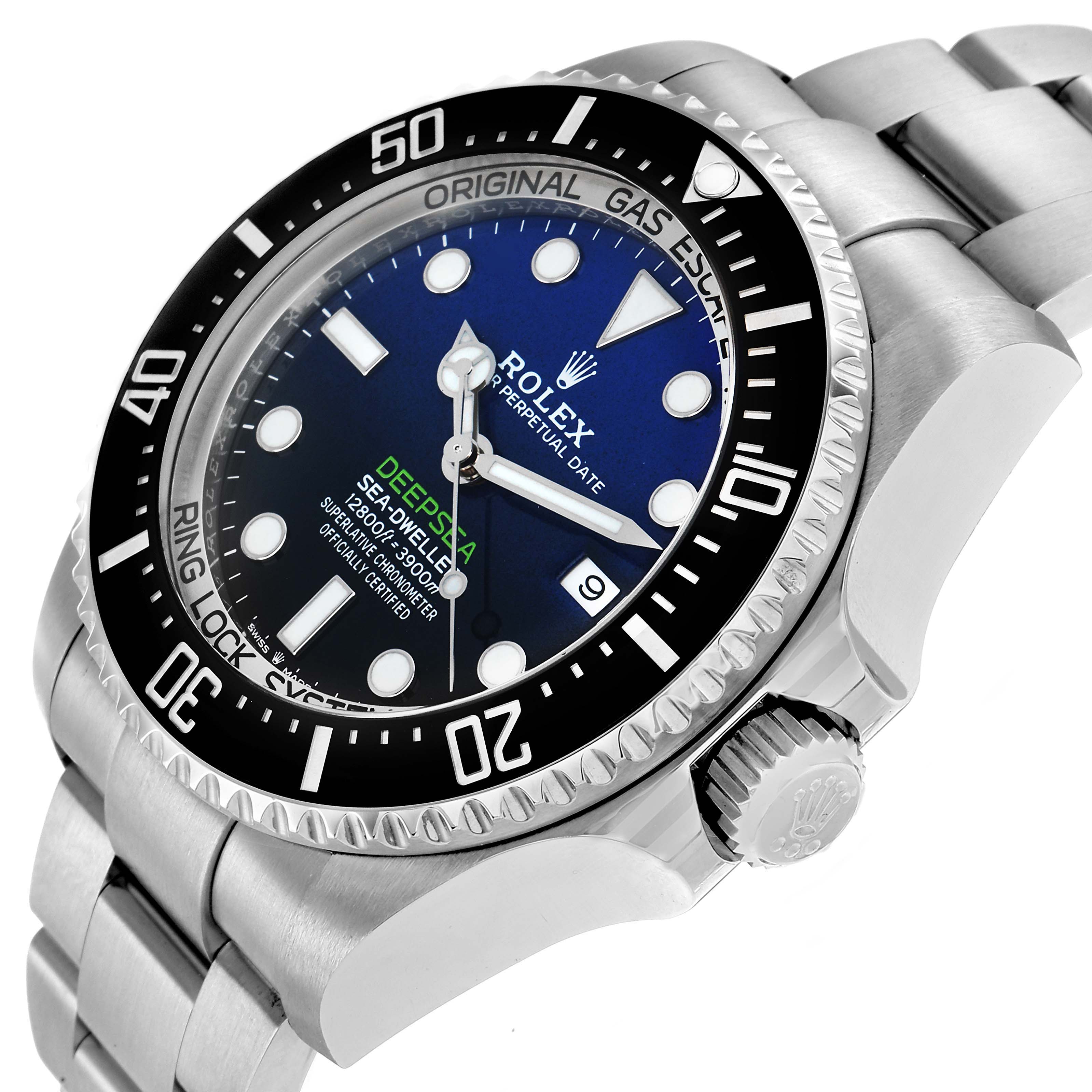 The Rolex Sea-Dweller 126660 Men
s Stainless Steel Blue Dial watch is shown at an angle highlighting the face, bezel, crown, and bracelet.