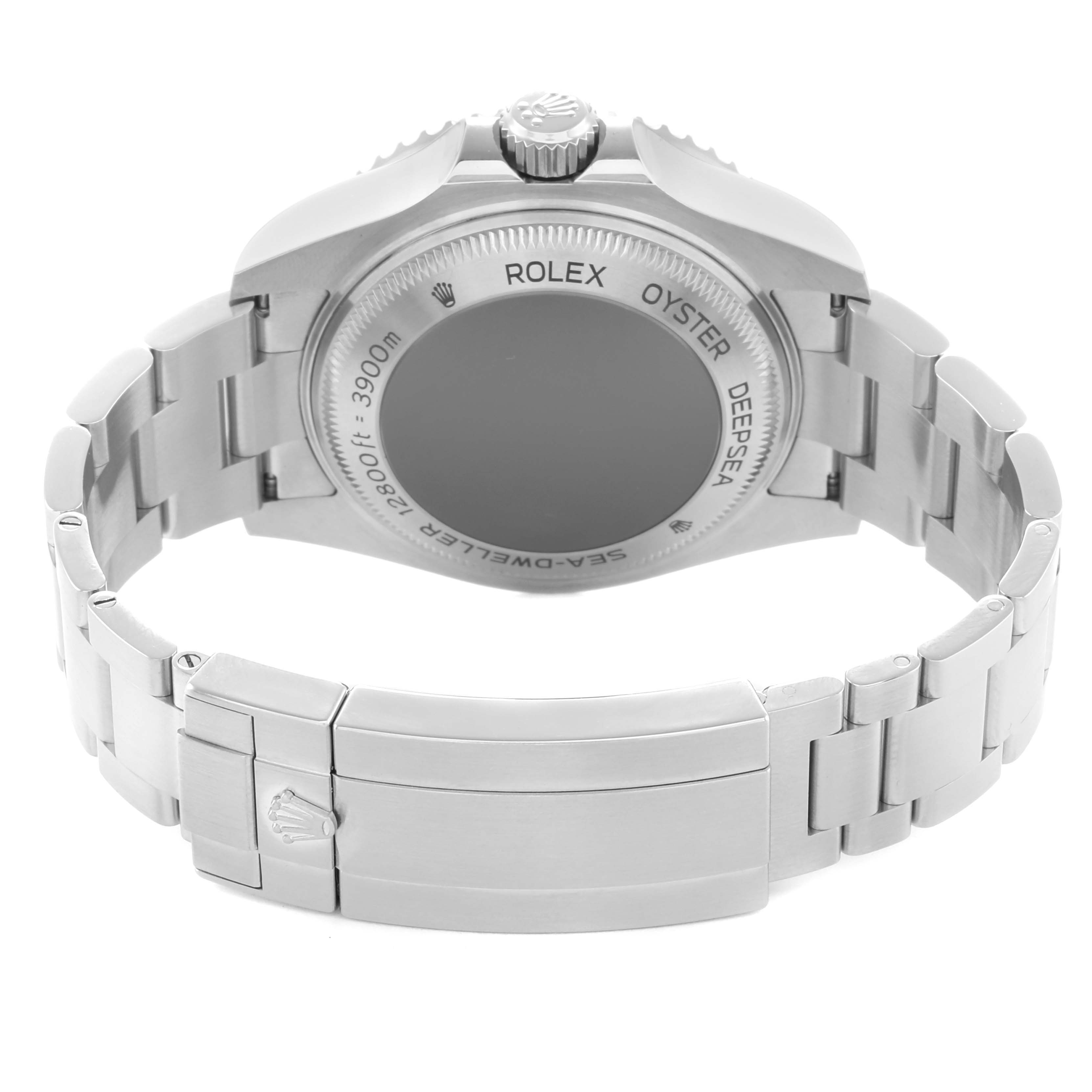 The image shows a rear view of the Rolex Sea-Dweller 126660 Men
s Stainless Steel Blue Dial
s case back and bracelet clasp.