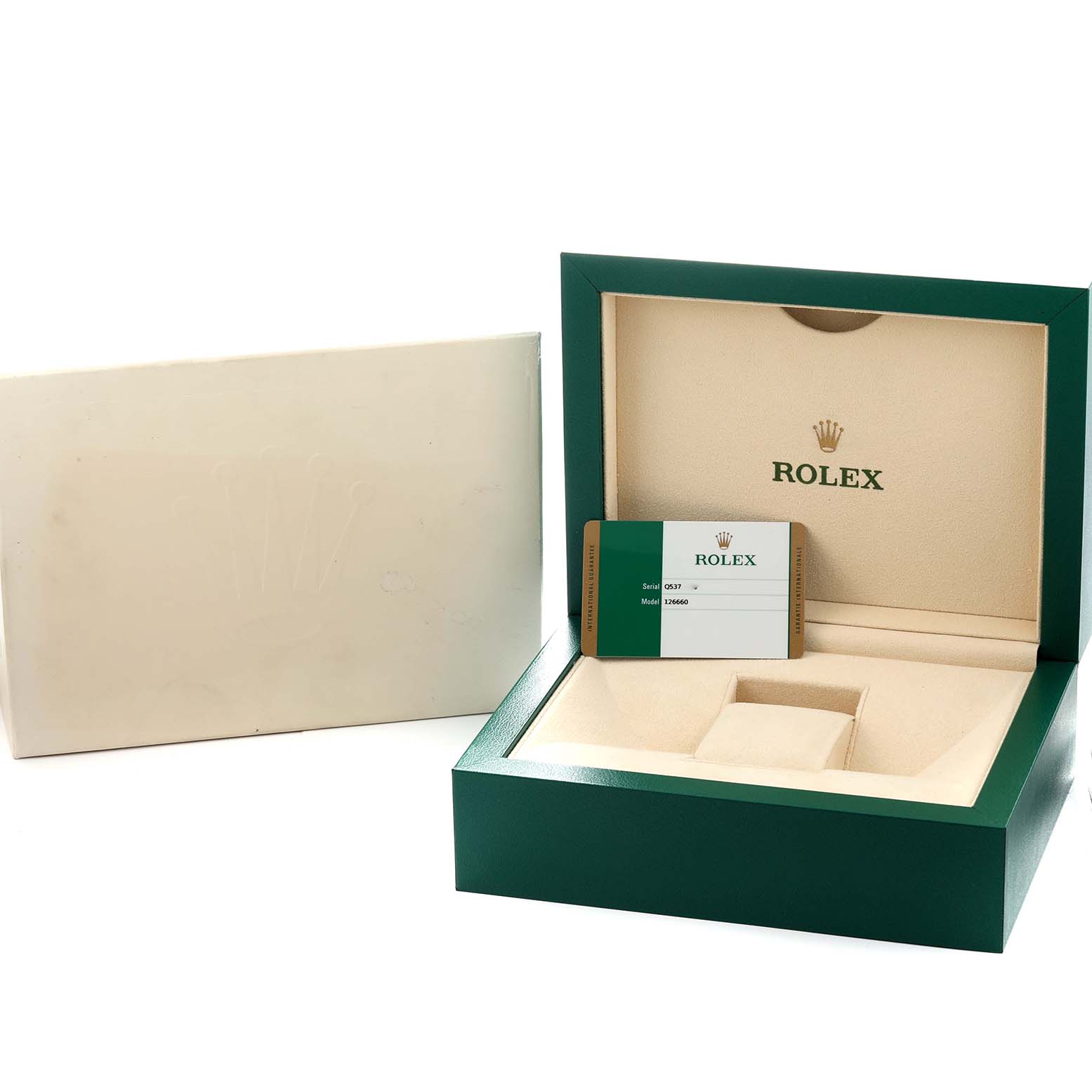 The image shows the open box and exterior packaging for a Rolex Sea-Dweller 126660 Men
s Stainless Steel Blue Dial watch with a warranty card.